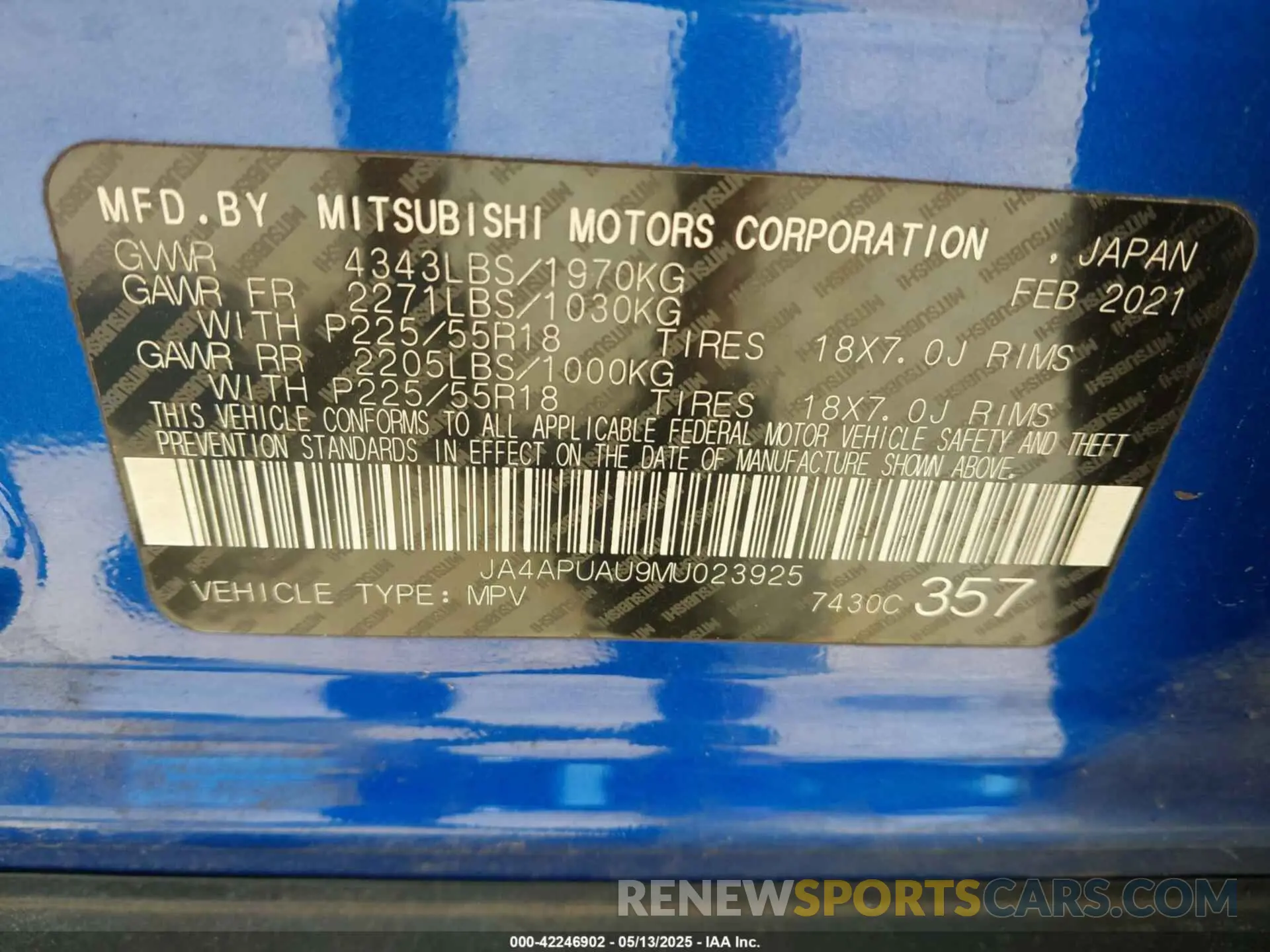 9 fotografías del automóvil dañado JA4APUAU9MU023925 MITSUBISHI OUTLANDER SPORT 2021