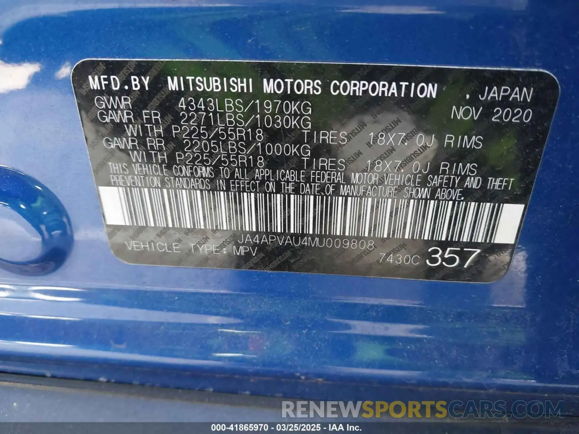 9 fotografías del automóvil dañado JA4APVAU4MU009808 MITSUBISHI OUTLANDER SPORT 2021