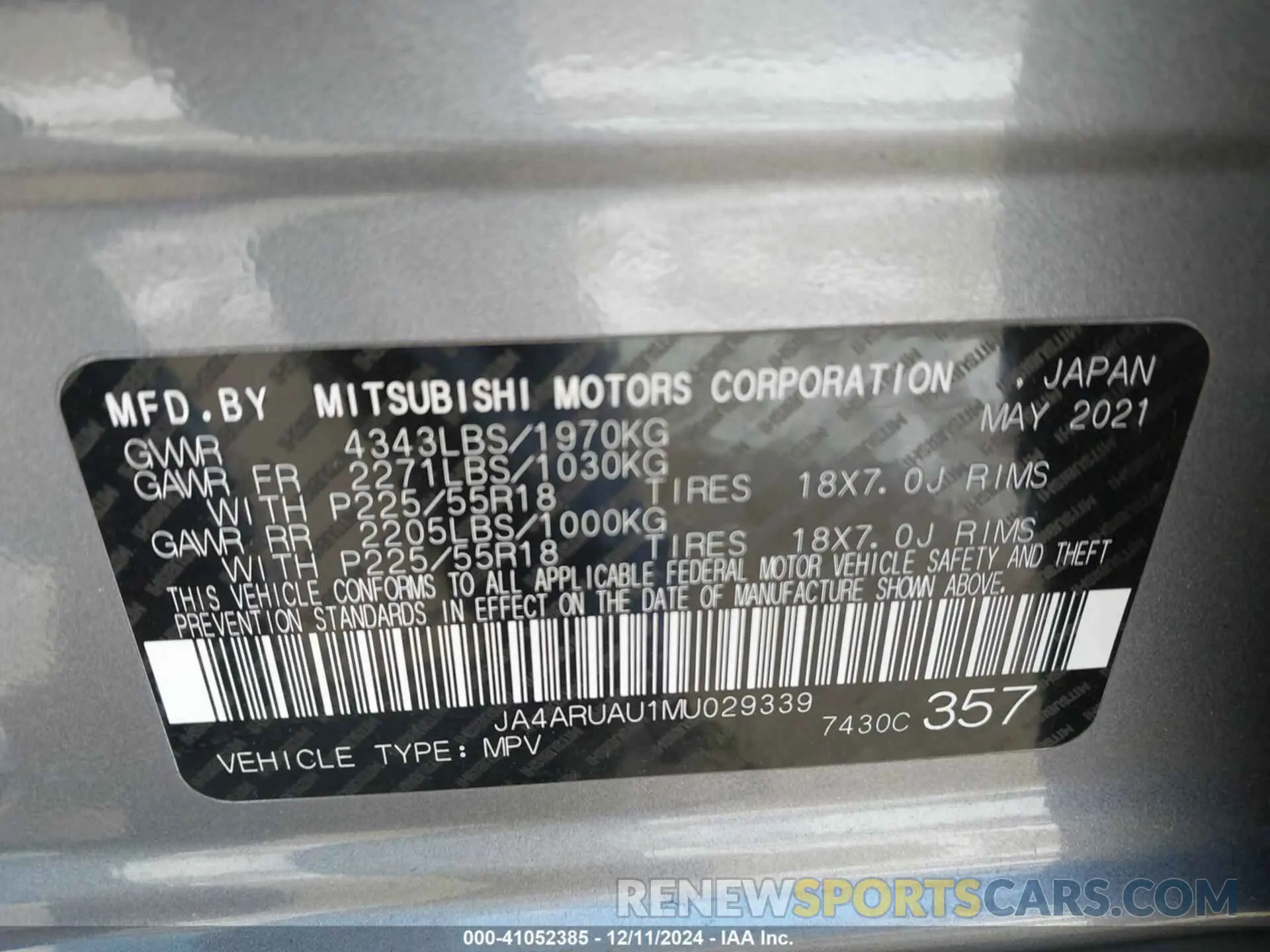 9 fotografías del automóvil dañado JA4ARUAU1MU029339 MITSUBISHI OUTLANDER SPORT 2021
