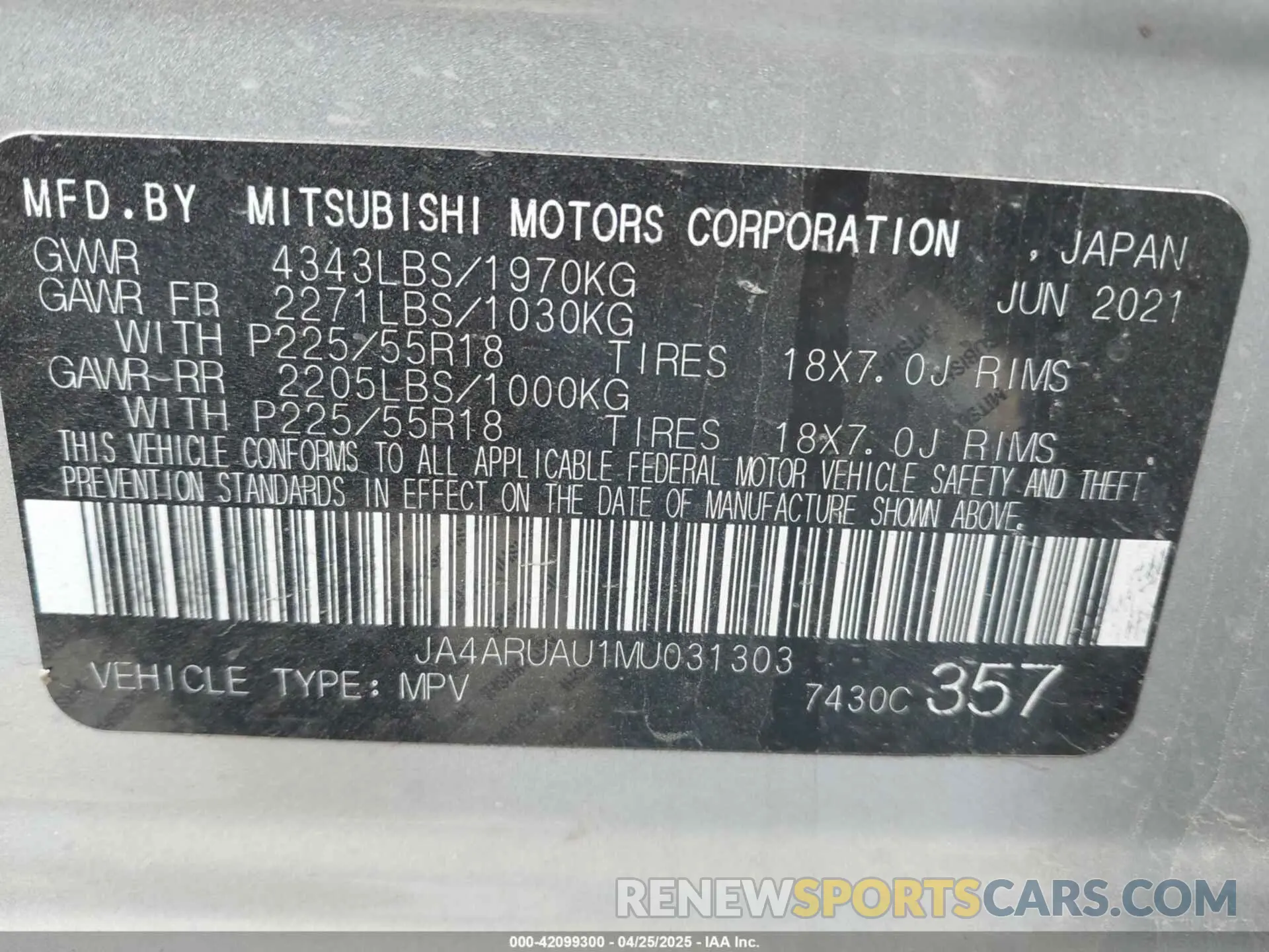 9 fotografías del automóvil dañado JA4ARUAU1MU031303 MITSUBISHI OUTLANDER SPORT 2021