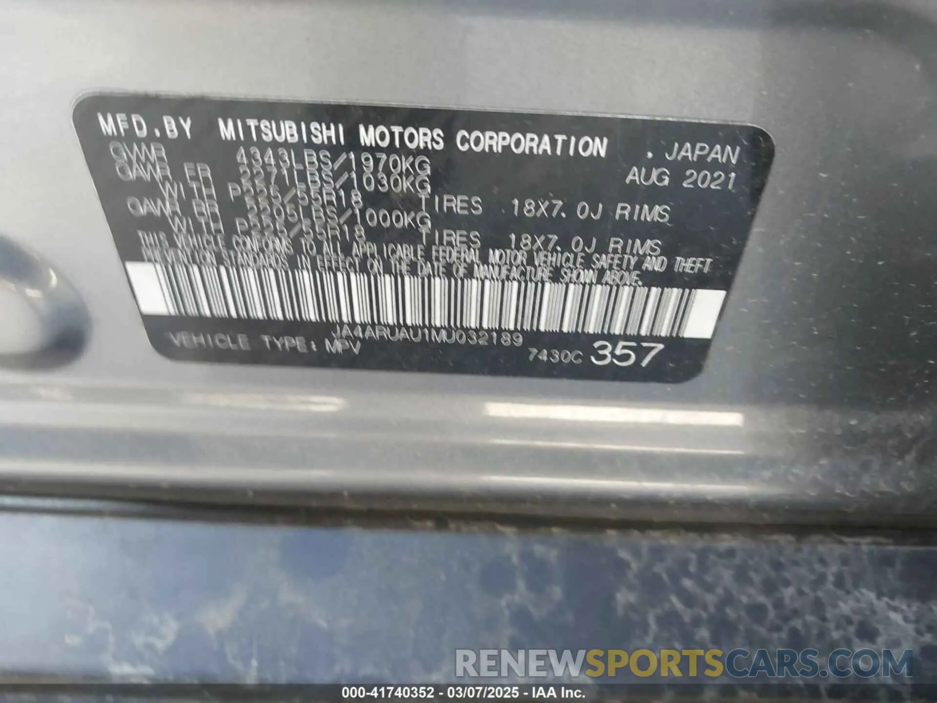 9 fotografías del automóvil dañado JA4ARUAU1MU032189 MITSUBISHI OUTLANDER SPORT 2021