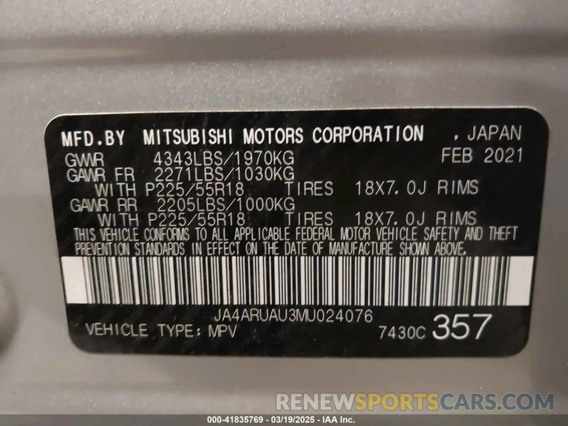 9 fotografías del automóvil dañado JA4ARUAU3MU024076 MITSUBISHI OUTLANDER SPORT 2021