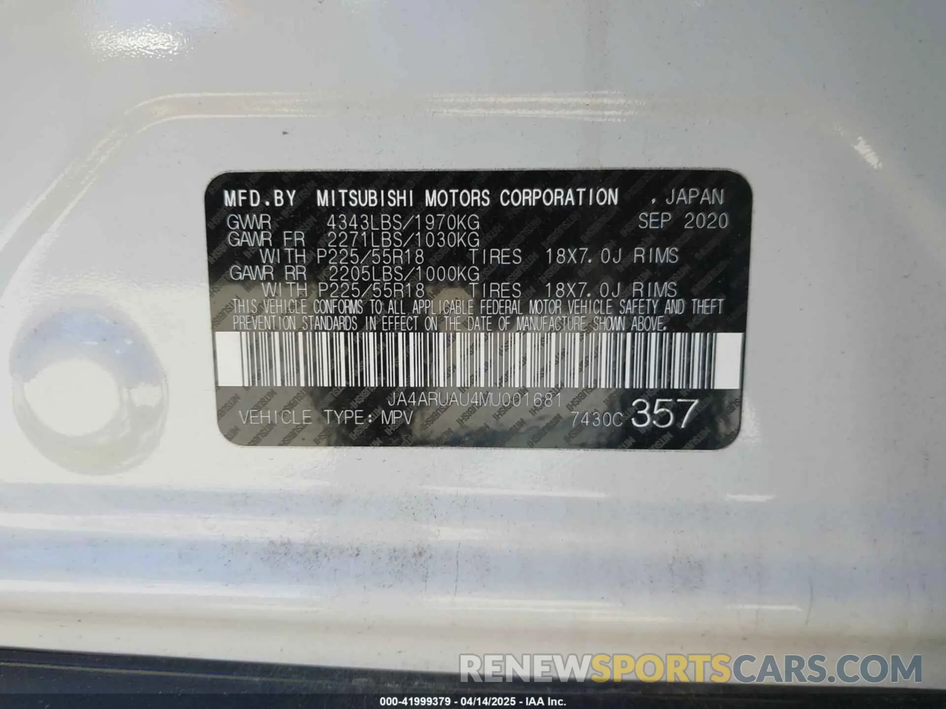 9 fotografías del automóvil dañado JA4ARUAU4MU001681 MITSUBISHI OUTLANDER SPORT 2021