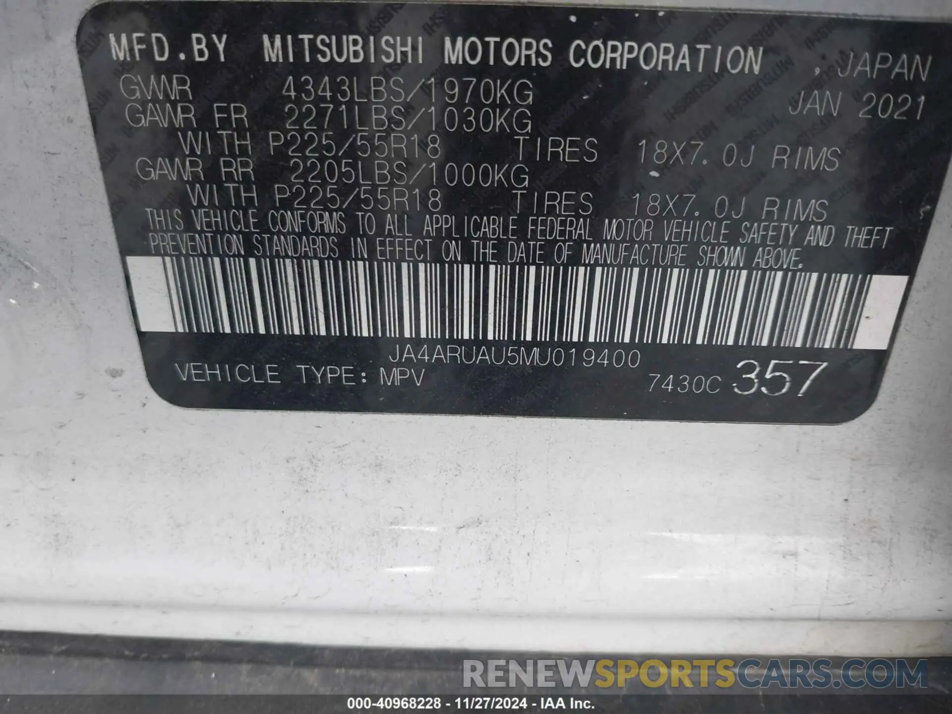 9 fotografías del automóvil dañado JA4ARUAU5MU019400 MITSUBISHI OUTLANDER SPORT 2021