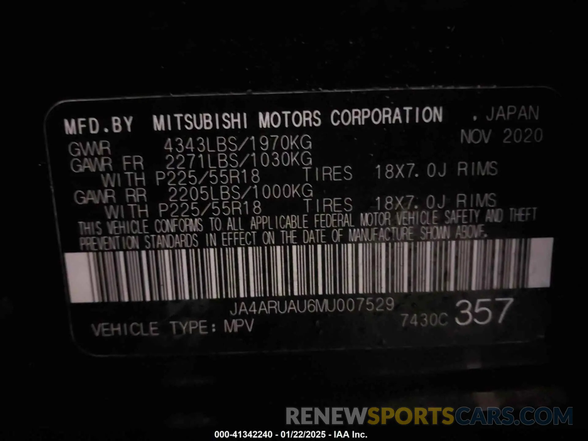 9 fotografías del automóvil dañado JA4ARUAU6MU007529 MITSUBISHI OUTLANDER SPORT 2021
