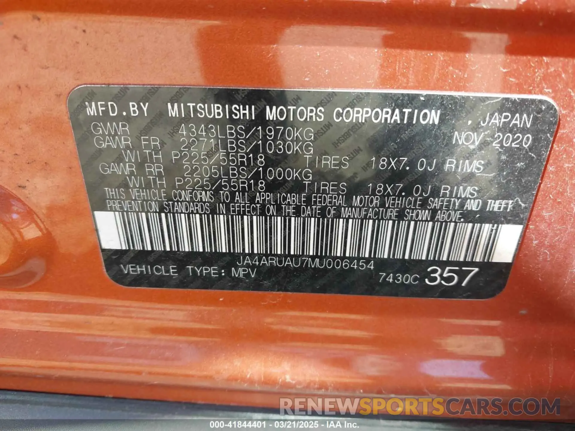 9 fotografías del automóvil dañado JA4ARUAU7MU006454 MITSUBISHI OUTLANDER SPORT 2021