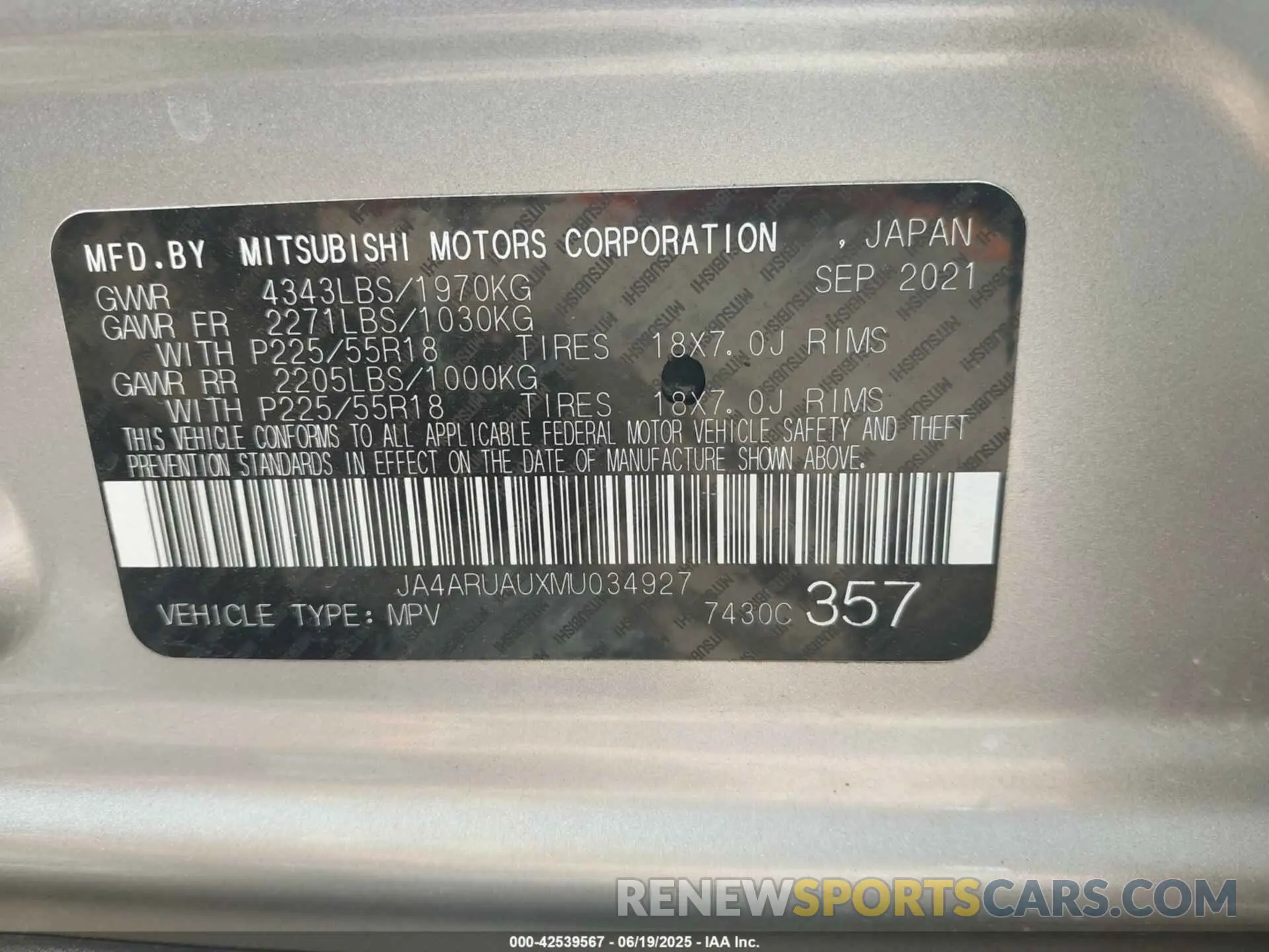 9 fotografías del automóvil dañado JA4ARUAUXMU034927 MITSUBISHI OUTLANDER SPORT 2021