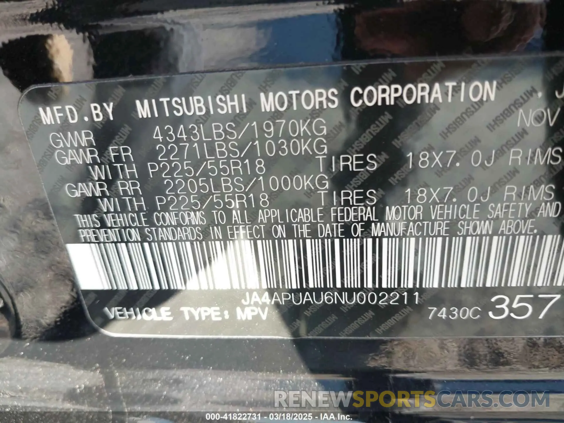 9 fotografías del automóvil dañado JA4APUAU6NU002211 MITSUBISHI OUTLANDER SPORT 2022