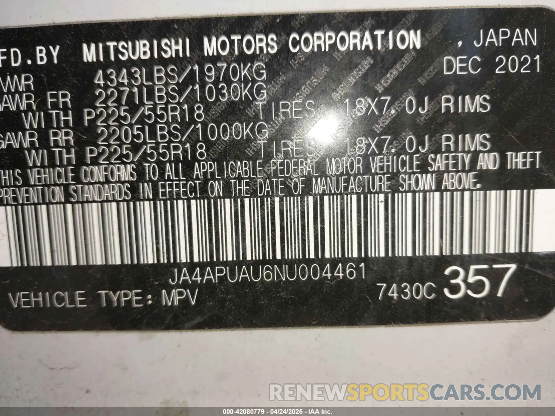 9 fotografías del automóvil dañado JA4APUAU6NU004461 MITSUBISHI OUTLANDER SPORT 2022