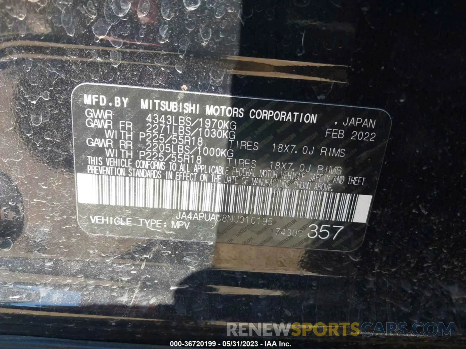 9 fotografías del automóvil dañado JA4APUAU8NU010195 MITSUBISHI OUTLANDER SPORT 2022