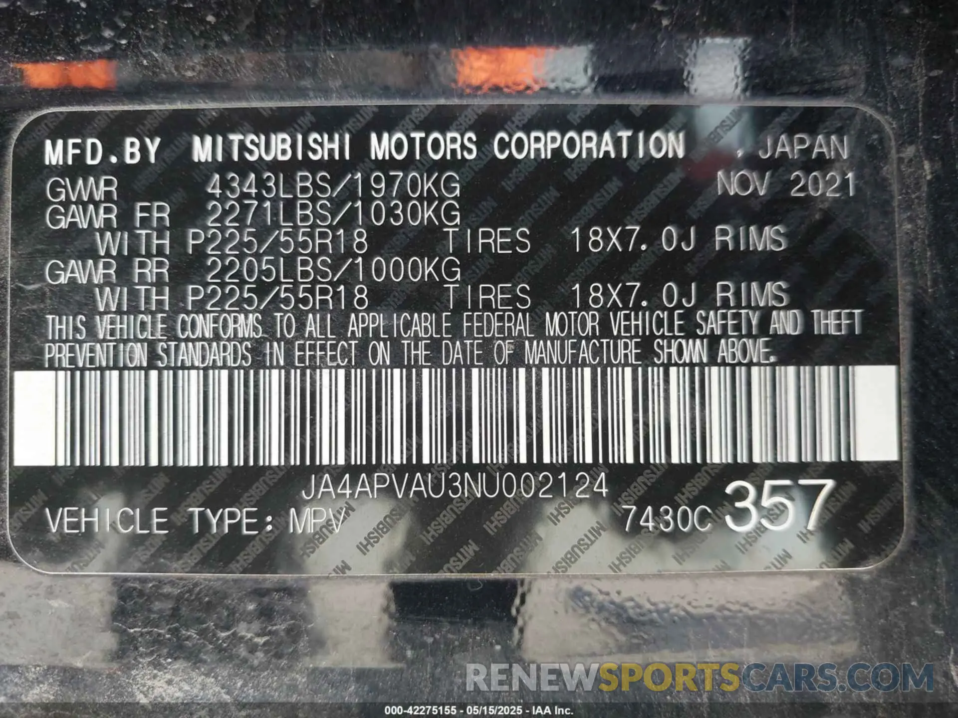 9 fotografías del automóvil dañado JA4APVAU3NU002124 MITSUBISHI OUTLANDER SPORT 2022