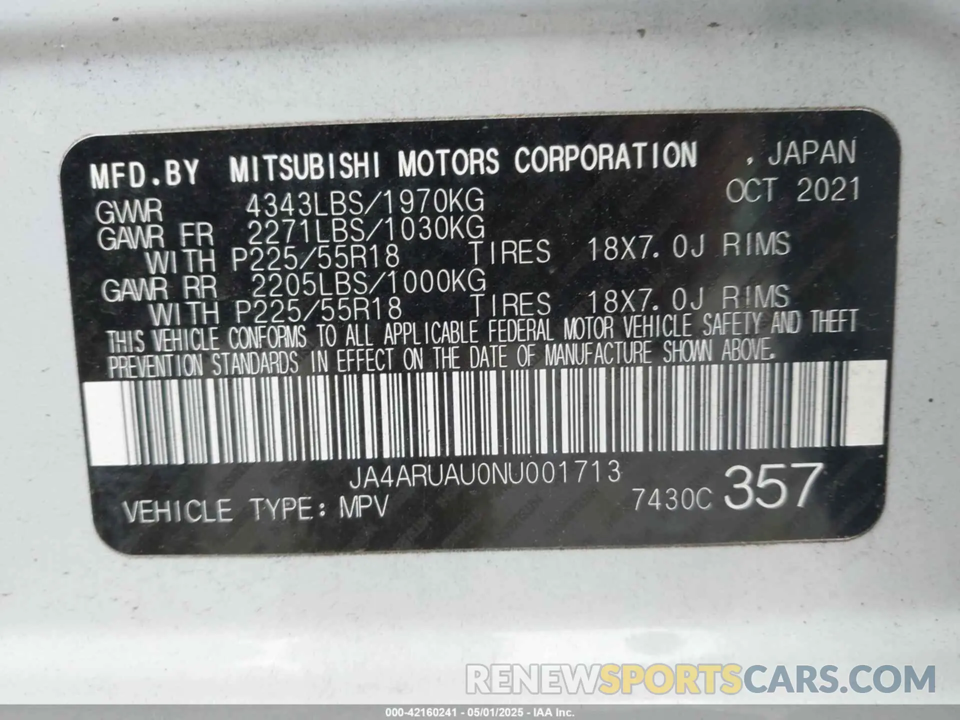 9 fotografías del automóvil dañado JA4ARUAU0NU001713 MITSUBISHI OUTLANDER SPORT 2022