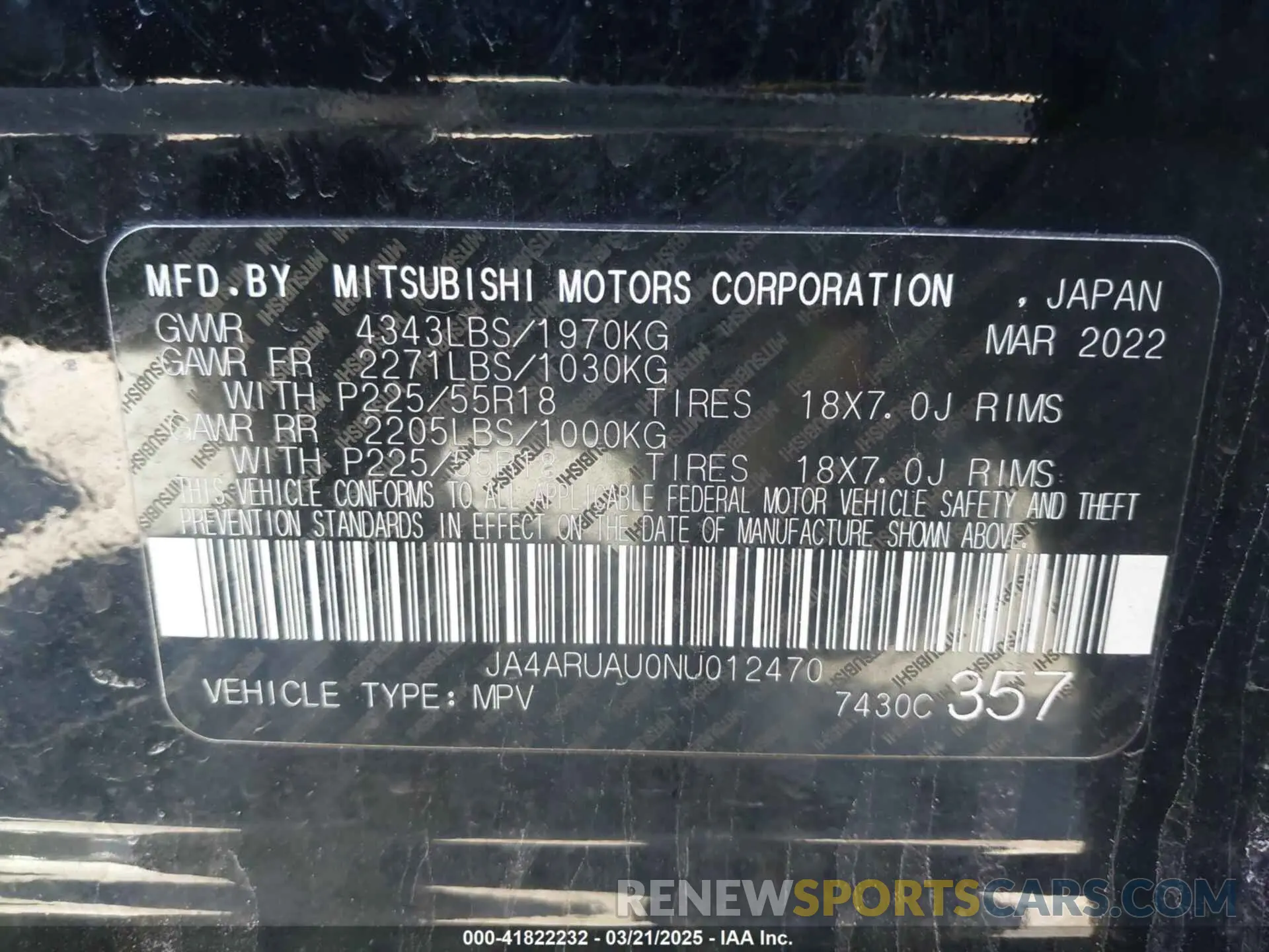 9 fotografías del automóvil dañado JA4ARUAU0NU012470 MITSUBISHI OUTLANDER SPORT 2022