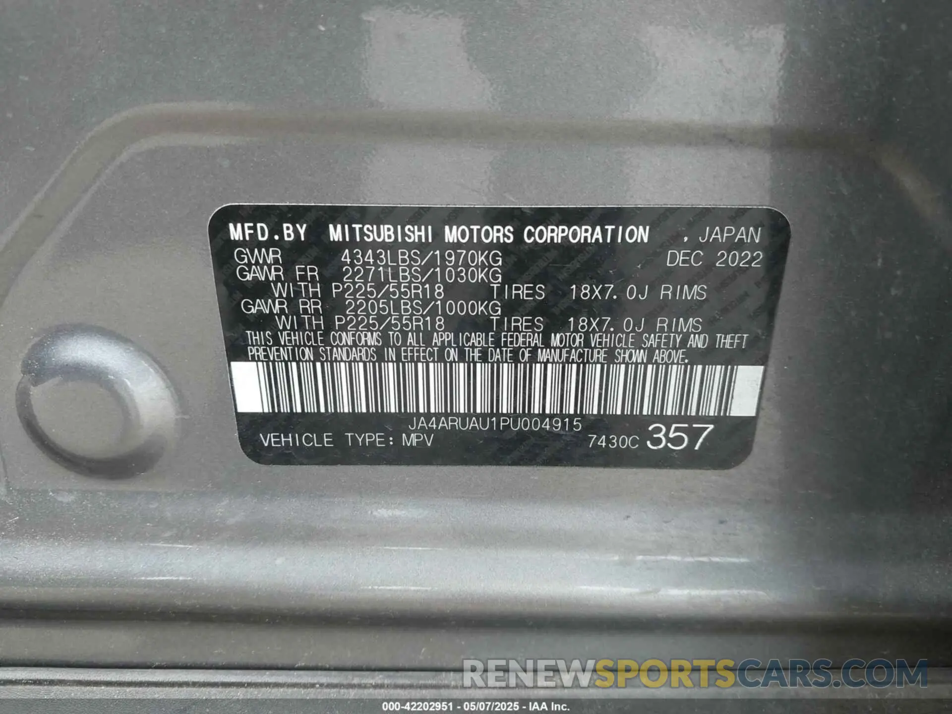 9 fotografías del automóvil dañado JA4ARUAU1PU004915 MITSUBISHI OUTLANDER SPORT 2023