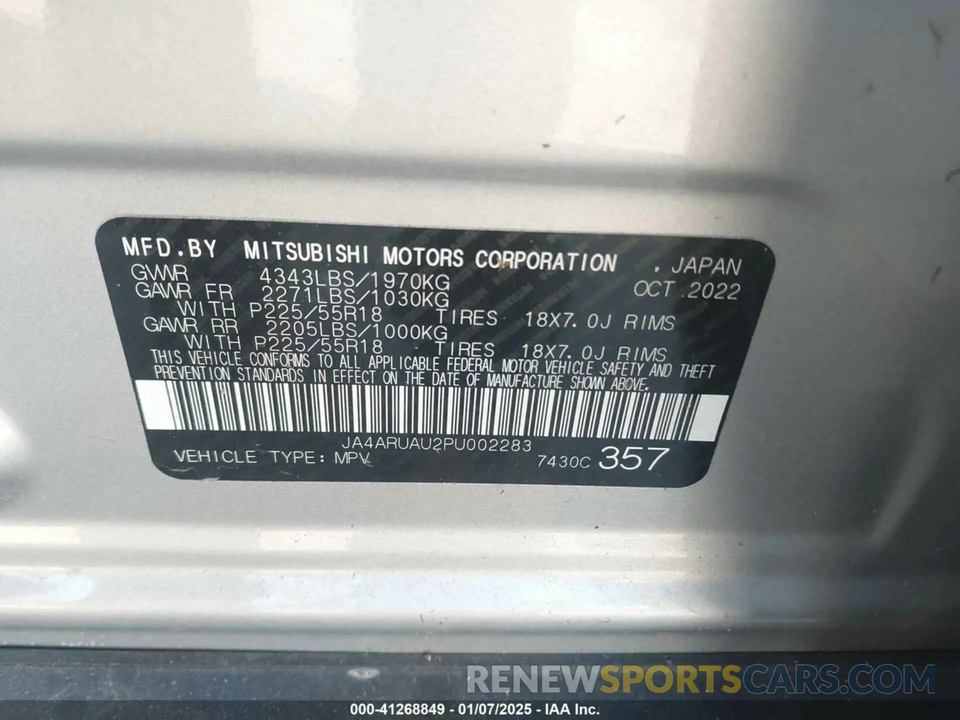 9 fotografías del automóvil dañado JA4ARUAU2PU002283 MITSUBISHI OUTLANDER SPORT 2023