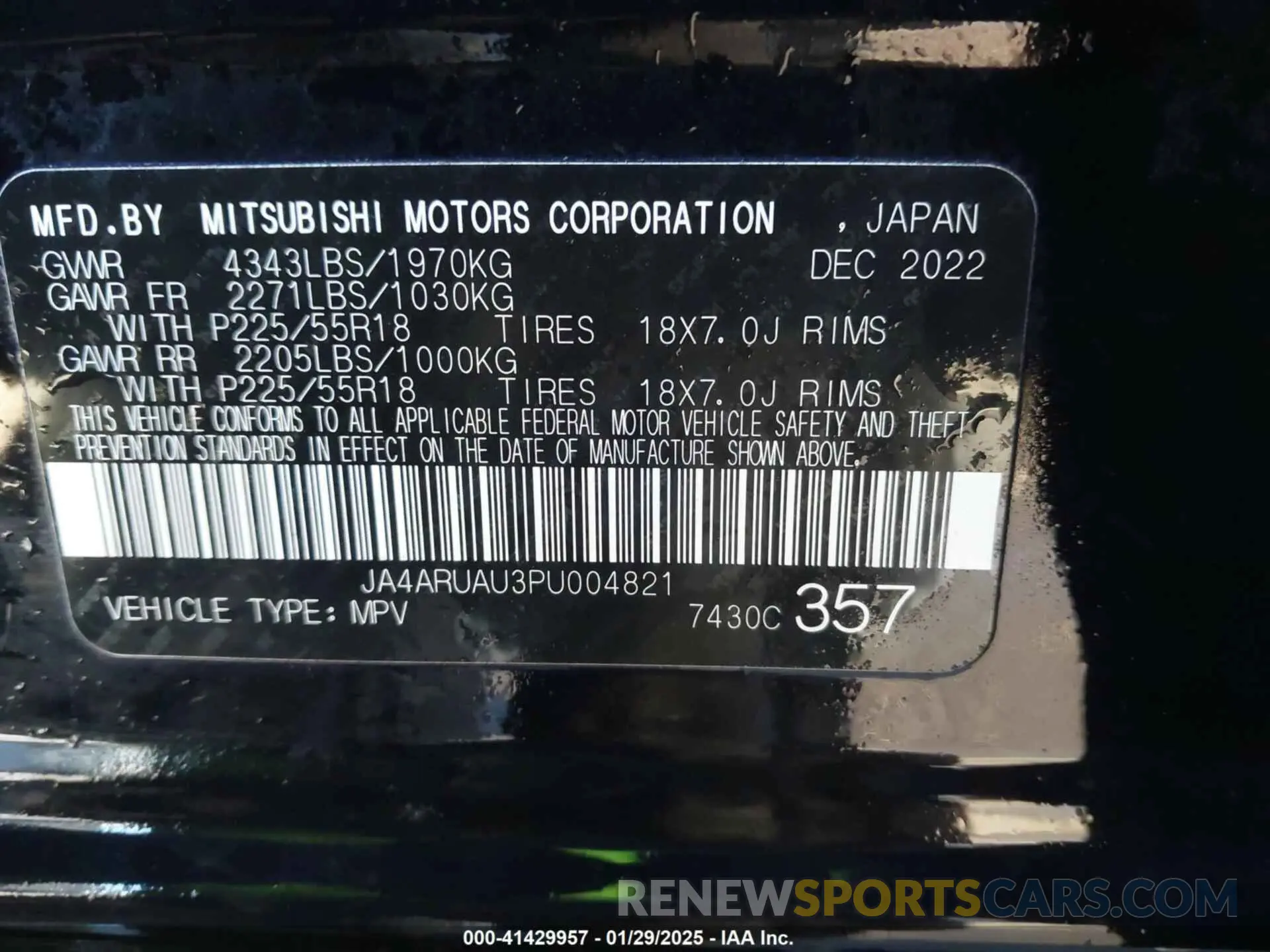 9 fotografías del automóvil dañado JA4ARUAU3PU004821 MITSUBISHI OUTLANDER SPORT 2023