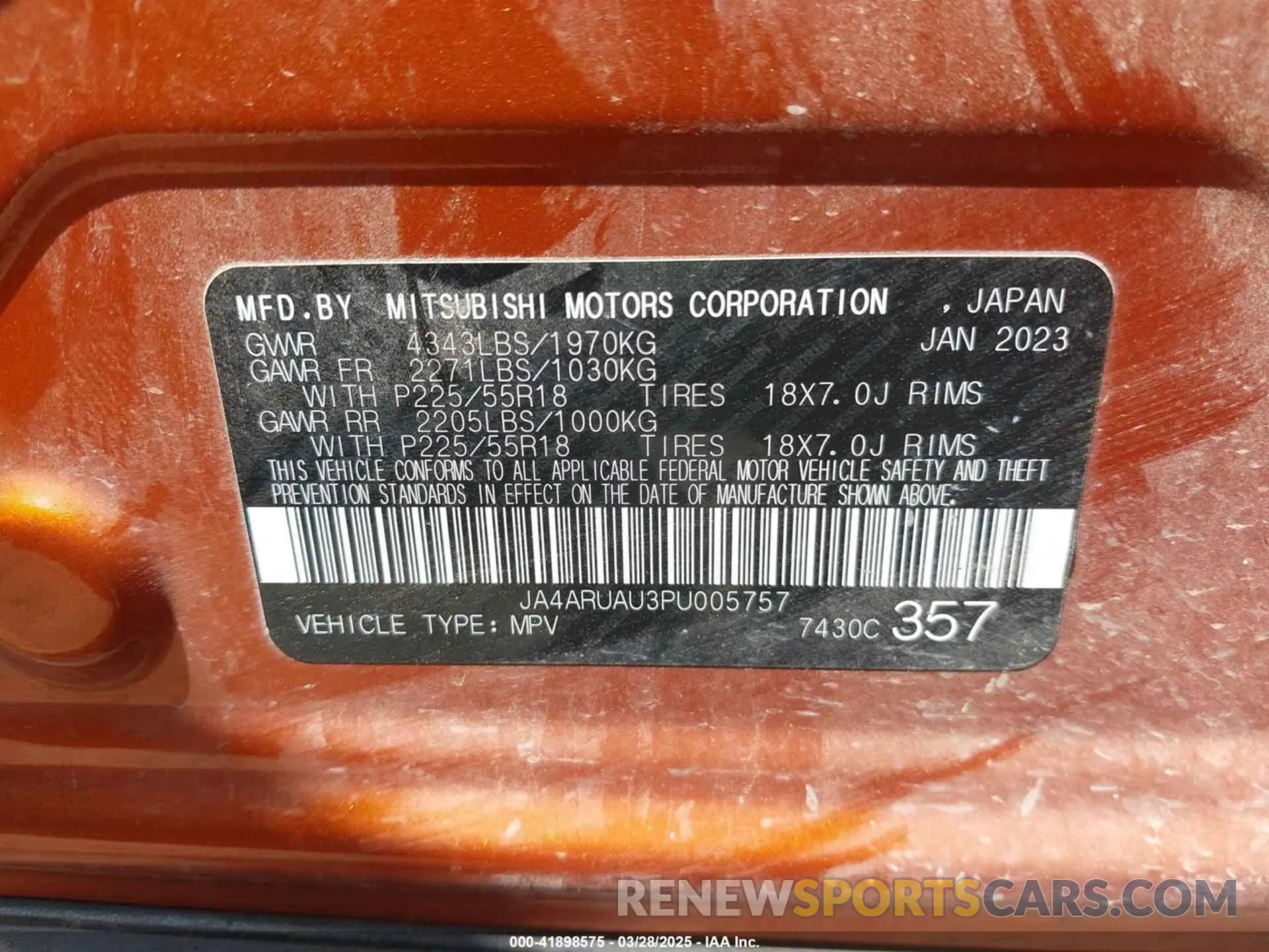 9 fotografías del automóvil dañado JA4ARUAU3PU005757 MITSUBISHI OUTLANDER SPORT 2023