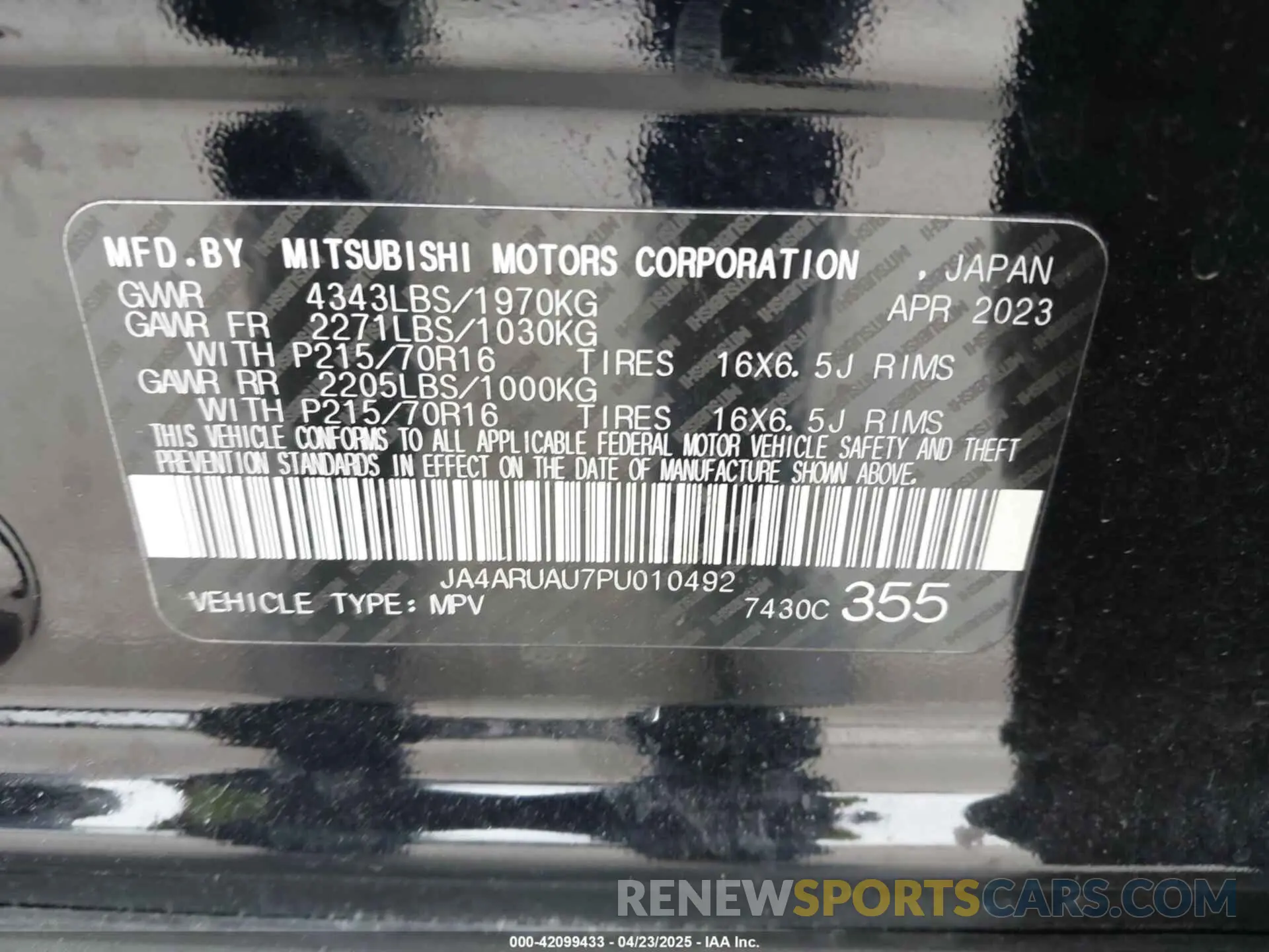 9 fotografías del automóvil dañado JA4ARUAU7PU010492 MITSUBISHI OUTLANDER SPORT 2023