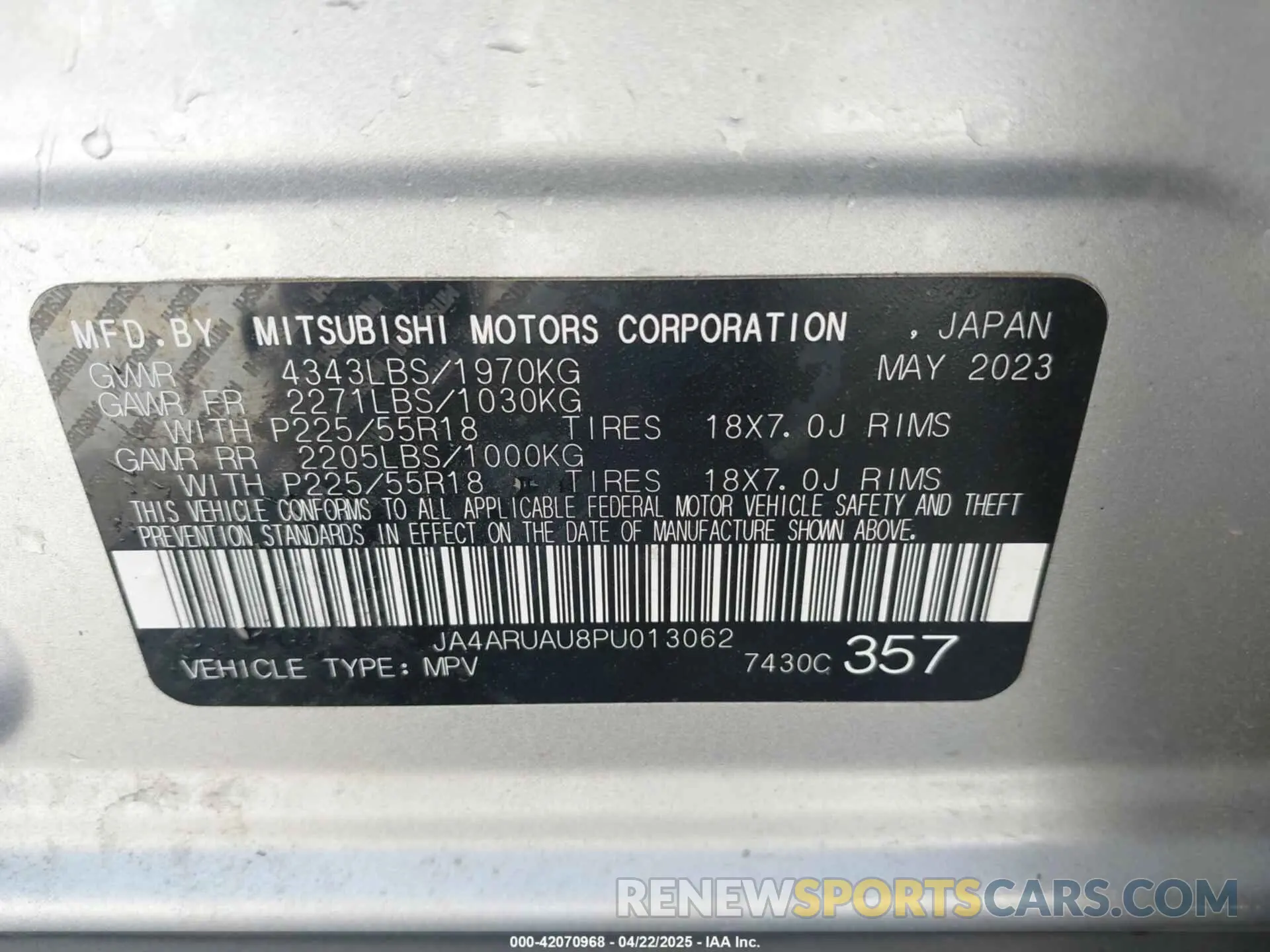 9 fotografías del automóvil dañado JA4ARUAU8PU013062 MITSUBISHI OUTLANDER SPORT 2023