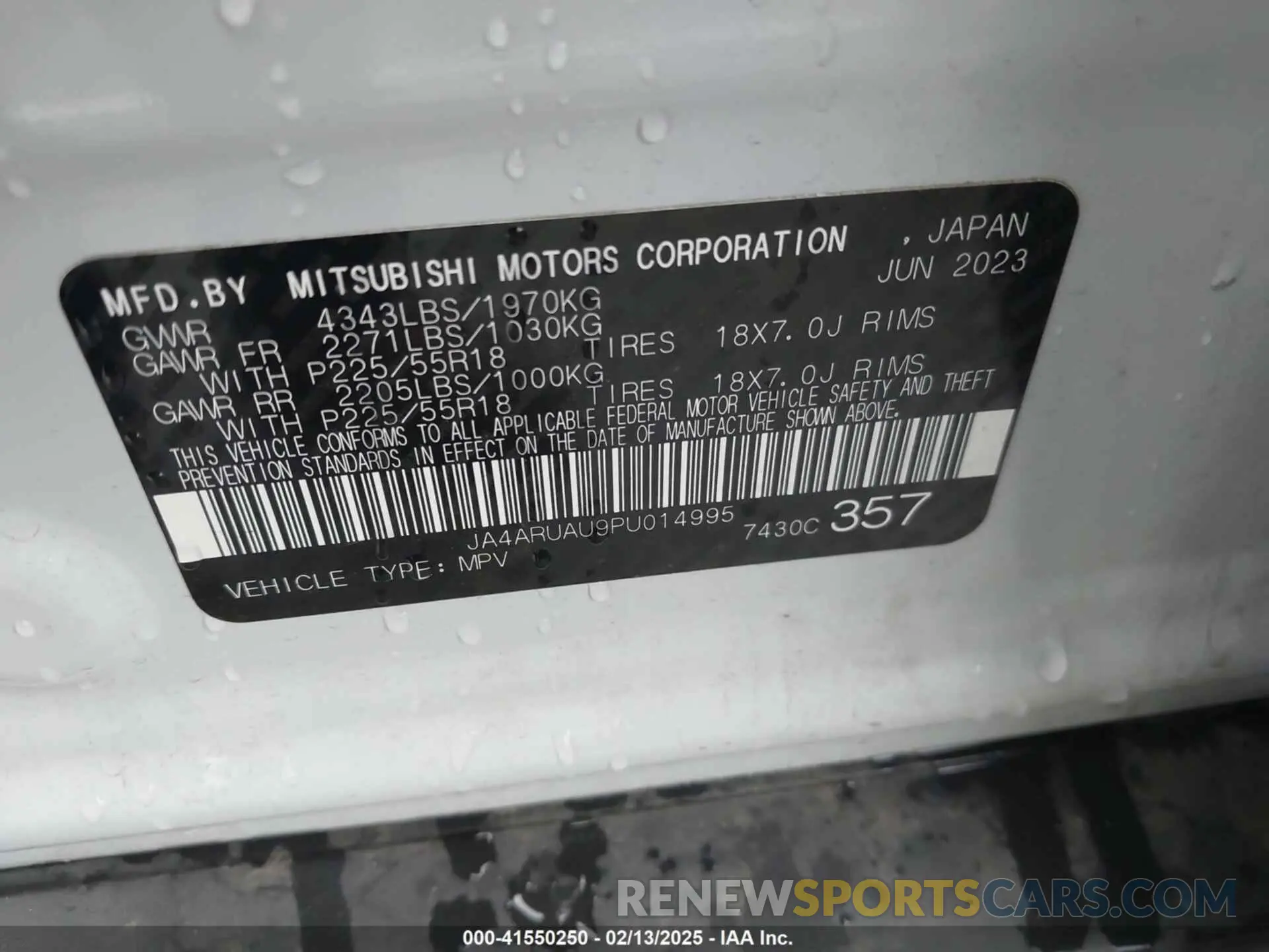 9 fotografías del automóvil dañado JA4ARUAU9PU014995 MITSUBISHI OUTLANDER SPORT 2023