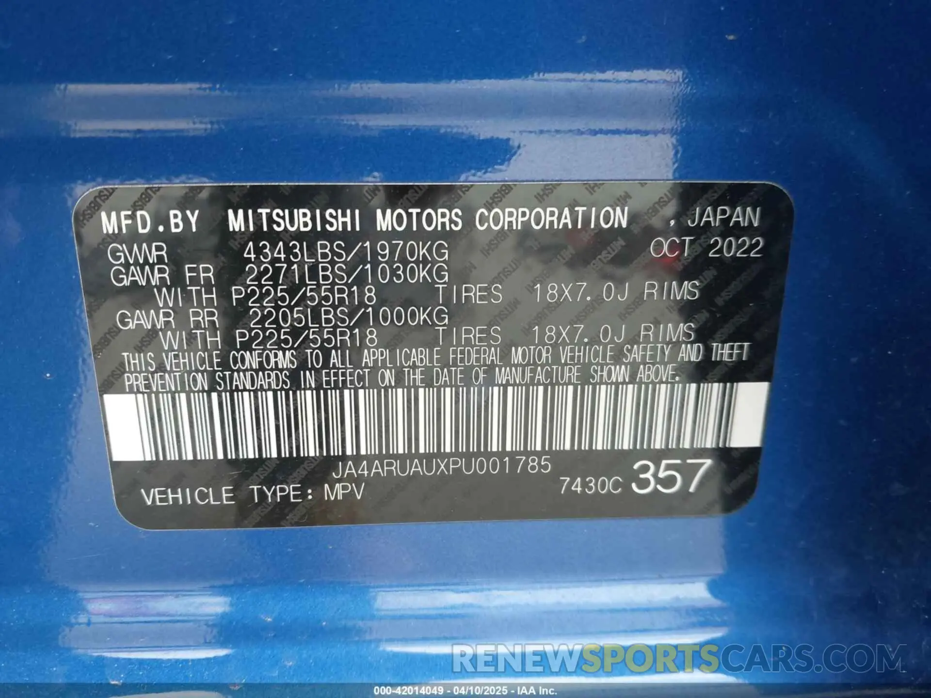 9 fotografías del automóvil dañado JA4ARUAUXPU001785 MITSUBISHI OUTLANDER SPORT 2023