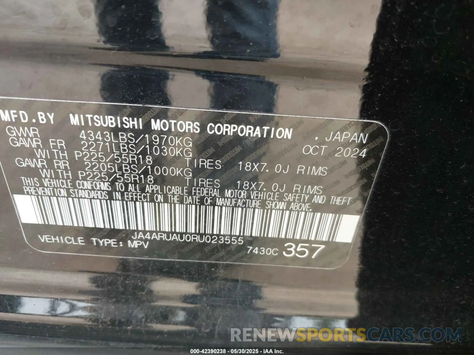 9 fotografías del automóvil dañado JA4ARUAU0RU023555 MITSUBISHI OUTLANDER SPORT 2024