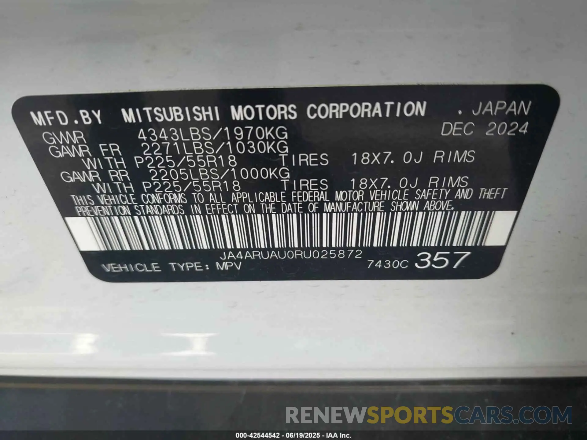9 fotografías del automóvil dañado JA4ARUAU0RU025872 MITSUBISHI OUTLANDER SPORT 2024