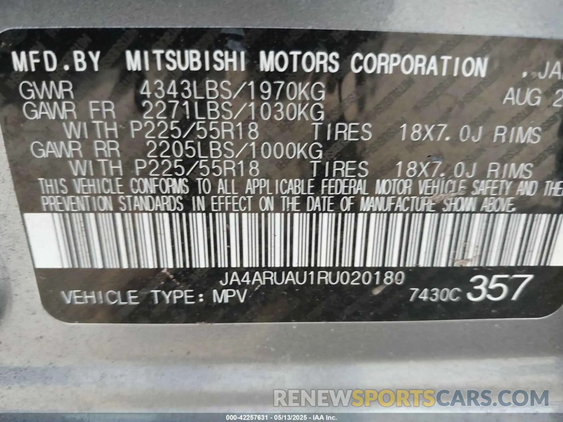 9 fotografías del automóvil dañado JA4ARUAU1RU020180 MITSUBISHI OUTLANDER SPORT 2024