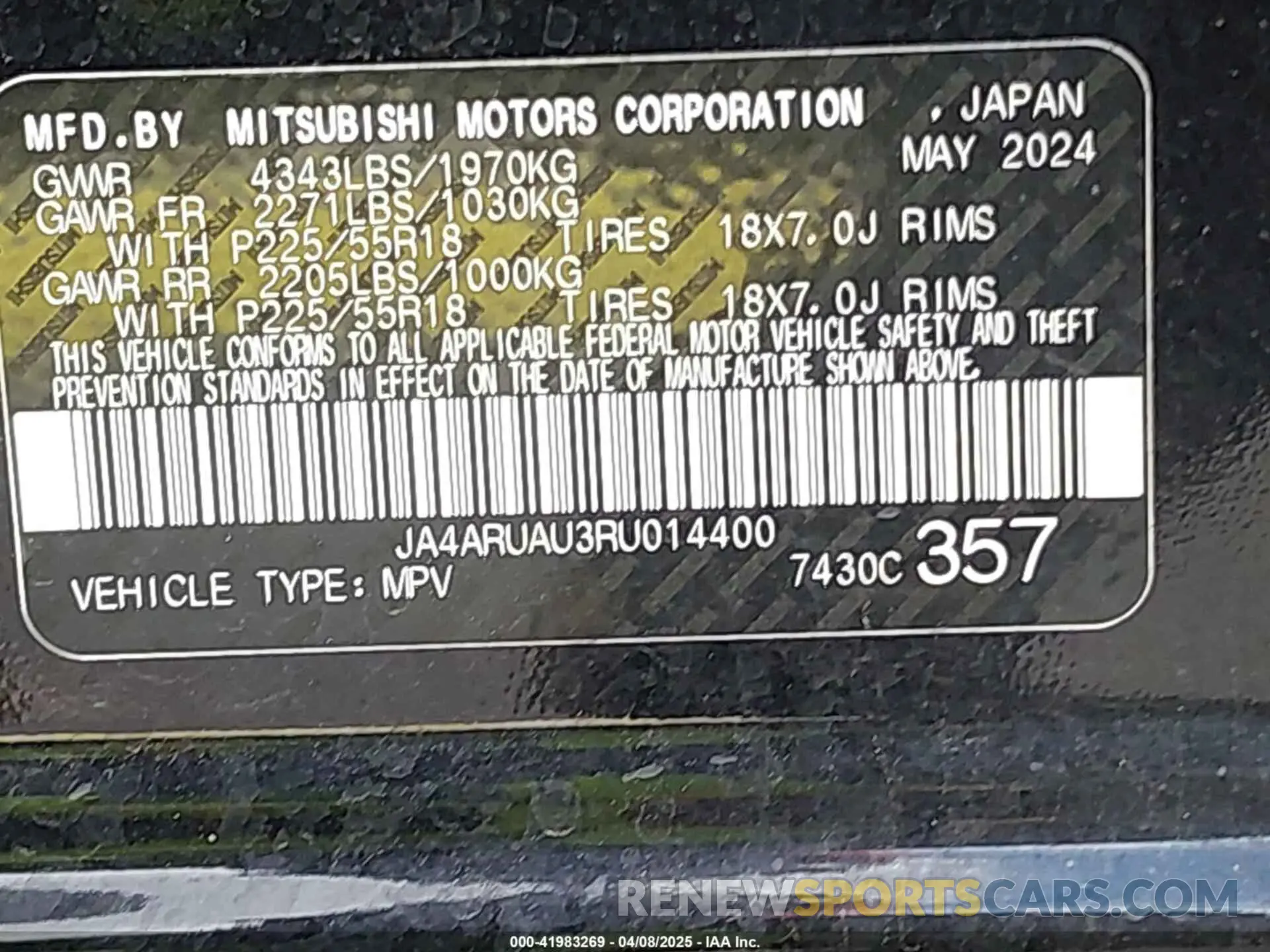 9 fotografías del automóvil dañado JA4ARUAU3RU014400 MITSUBISHI OUTLANDER SPORT 2024