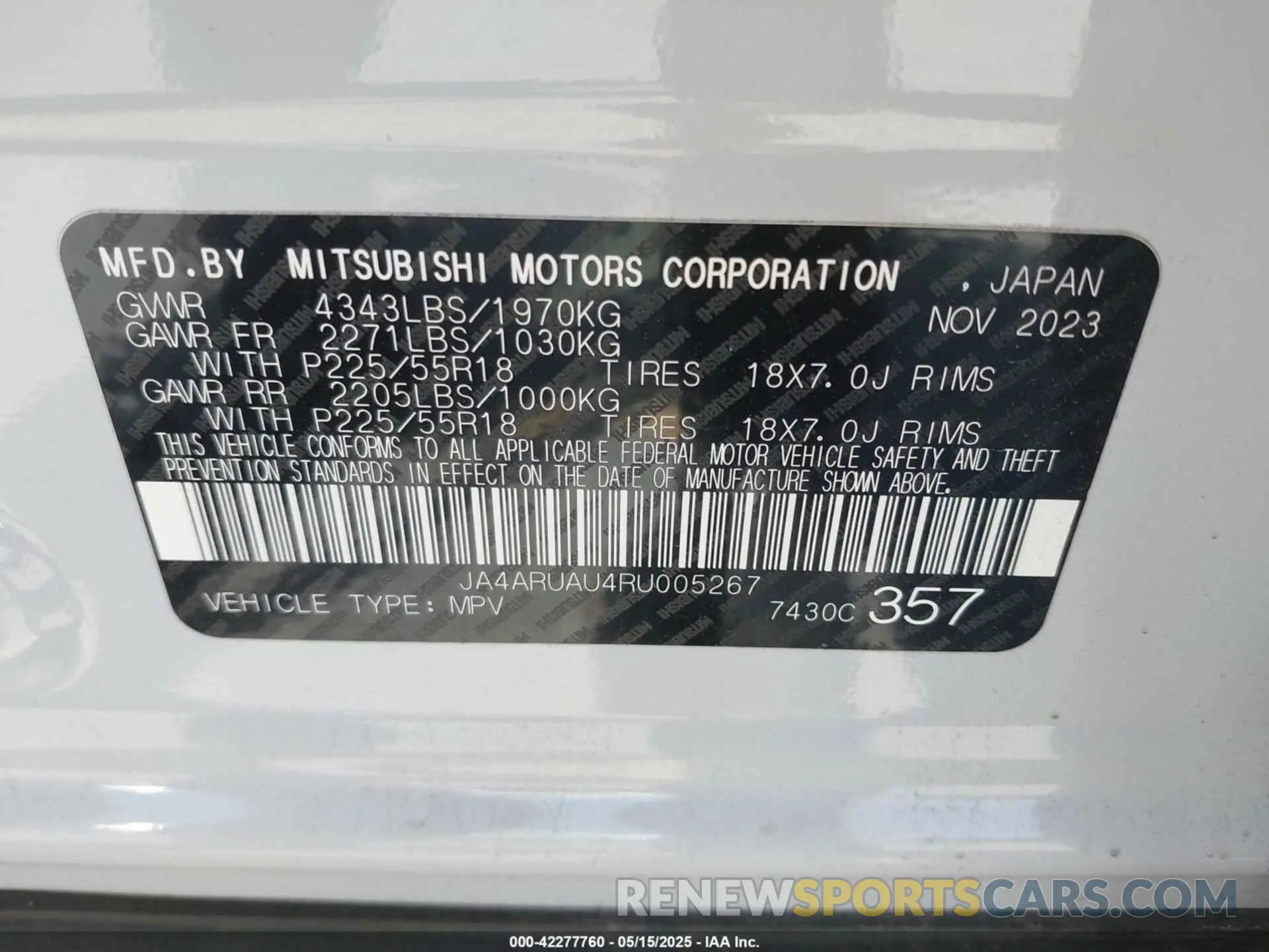 9 fotografías del automóvil dañado JA4ARUAU4RU005267 MITSUBISHI OUTLANDER SPORT 2024