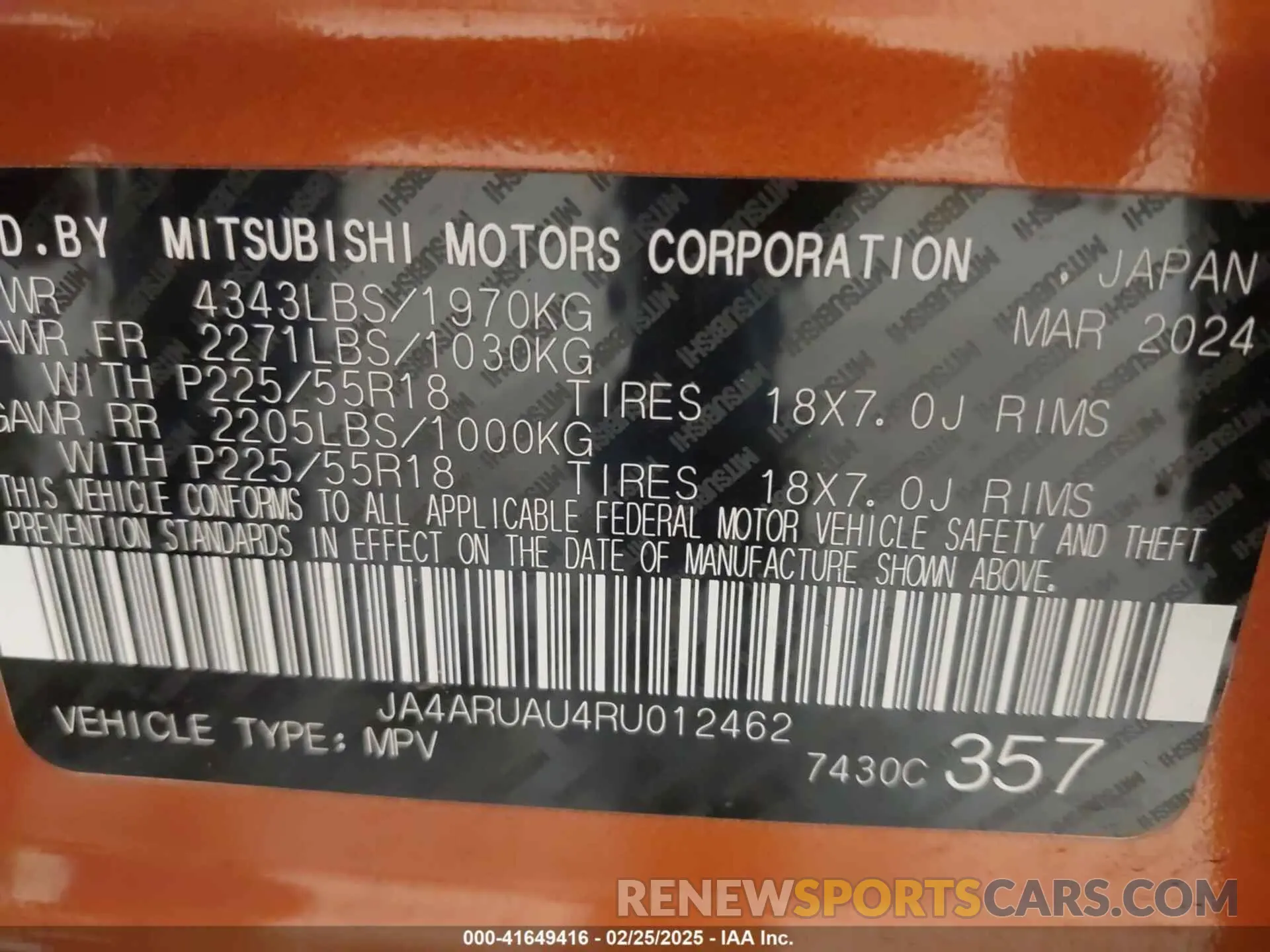 9 fotografías del automóvil dañado JA4ARUAU4RU012462 MITSUBISHI OUTLANDER SPORT 2024
