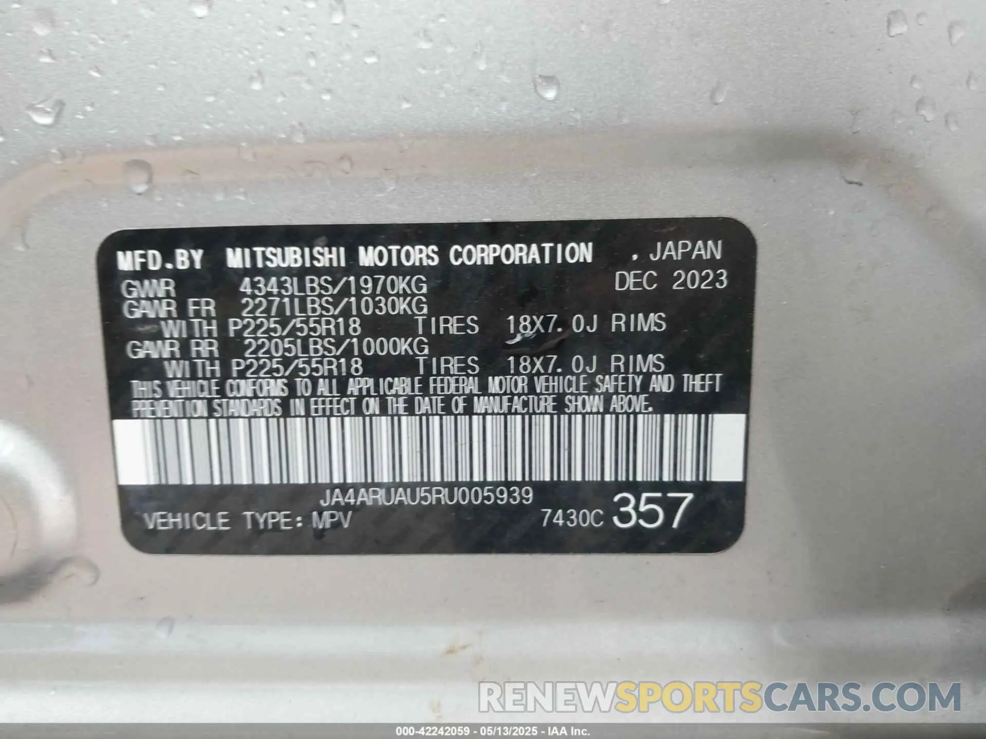 8 fotografías del automóvil dañado JA4ARUAU5RU005939 MITSUBISHI OUTLANDER SPORT 2024