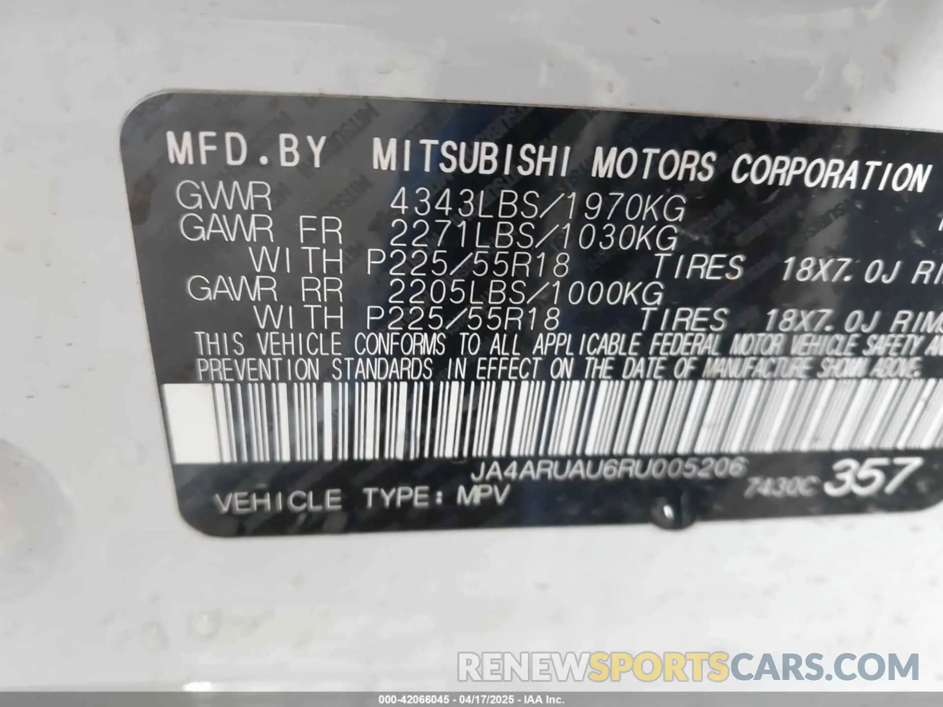 9 fotografías del automóvil dañado JA4ARUAU6RU005206 MITSUBISHI OUTLANDER SPORT 2024