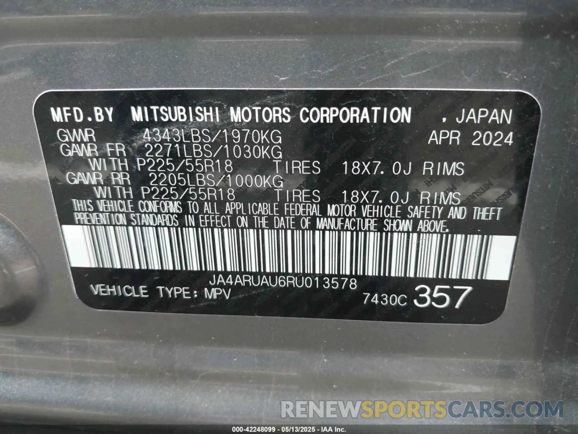 9 fotografías del automóvil dañado JA4ARUAU6RU013578 MITSUBISHI OUTLANDER SPORT 2024