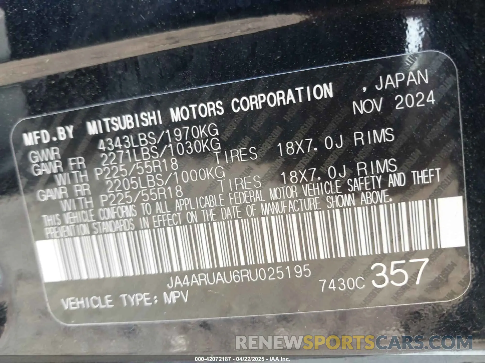 9 fotografías del automóvil dañado JA4ARUAU6RU025195 MITSUBISHI OUTLANDER SPORT 2024