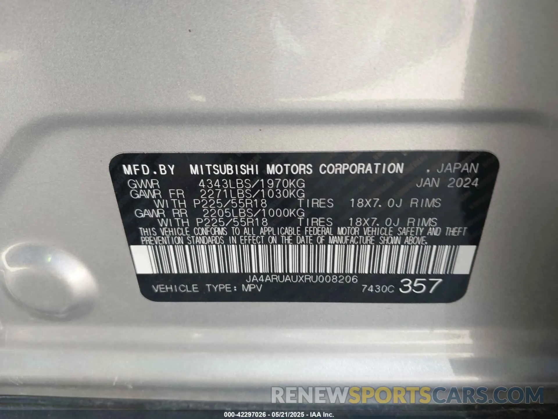 9 fotografías del automóvil dañado JA4ARUAUXRU008206 MITSUBISHI OUTLANDER SPORT 2024