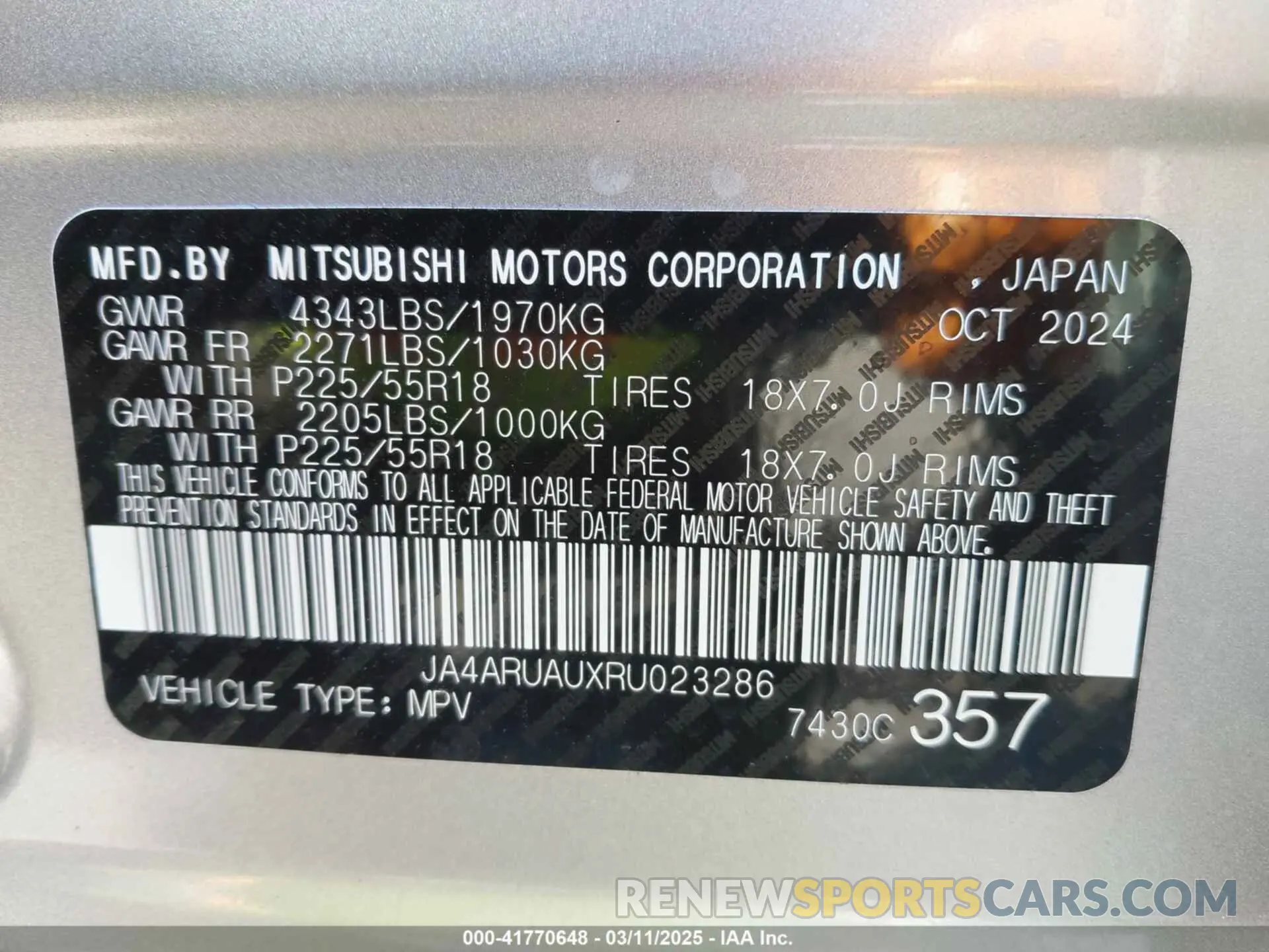 9 fotografías del automóvil dañado JA4ARUAUXRU023286 MITSUBISHI OUTLANDER SPORT 2024