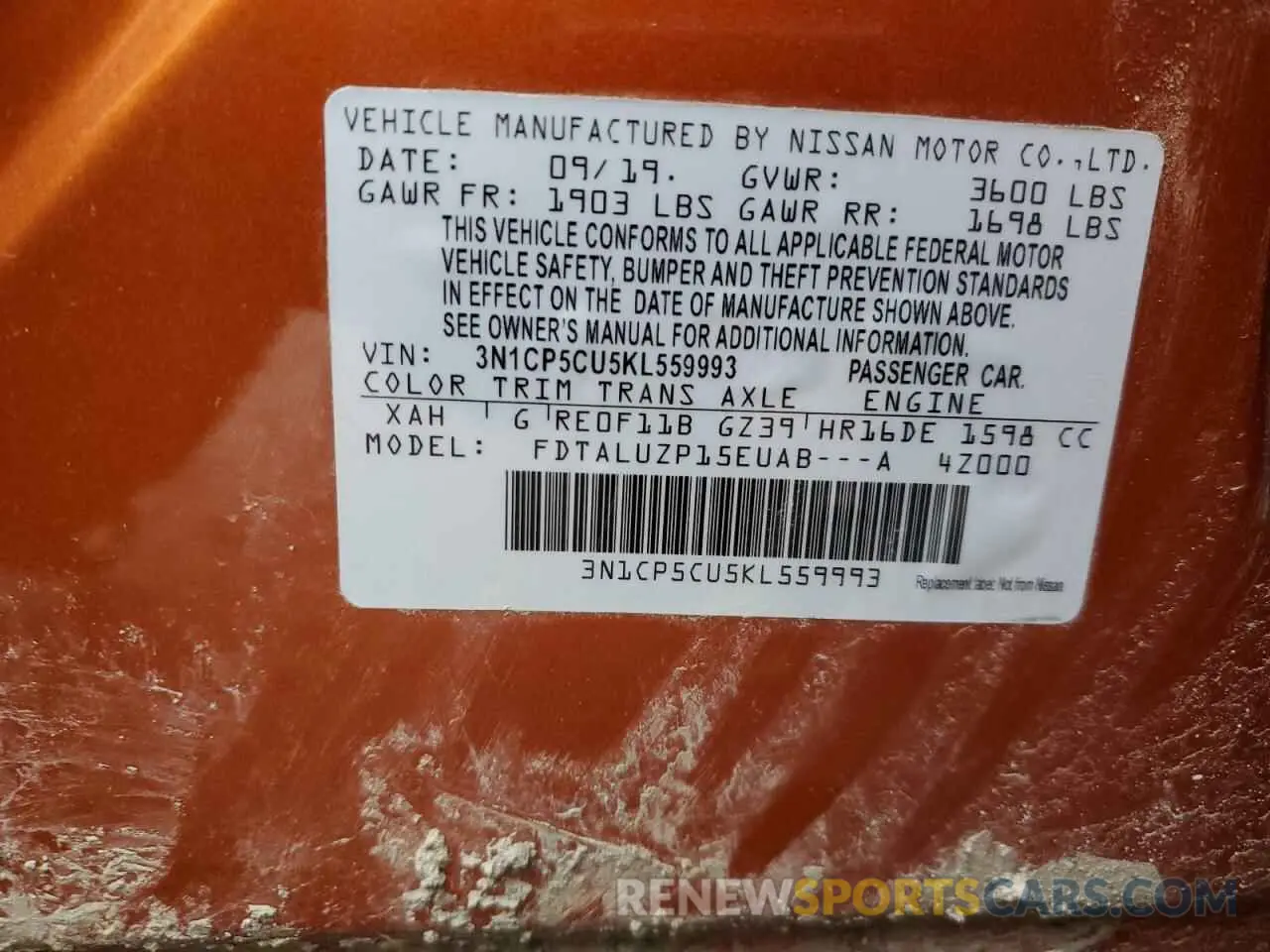 14 fotografías del automóvil dañado 3N1CP5CU5KL559993 NISSAN 200SX 2019