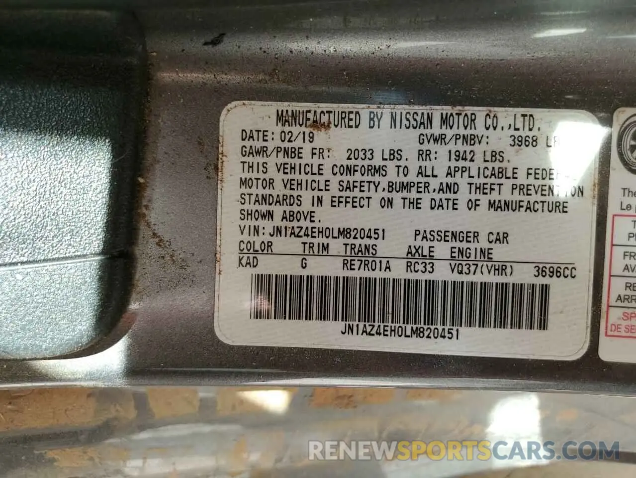 12 fotografías del automóvil dañado JN1AZ4EH0LM820451 NISSAN 370Z 2020