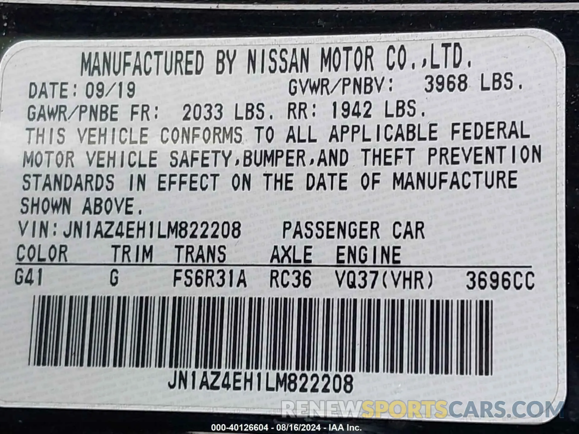 9 fotografías del automóvil dañado JN1AZ4EH1LM822208 NISSAN 370Z 2020
