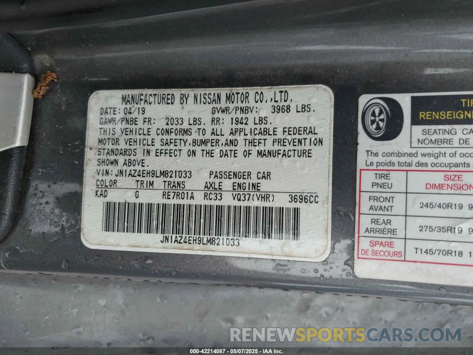 9 fotografías del automóvil dañado JN1AZ4EH9LM821033 NISSAN 370Z 2020