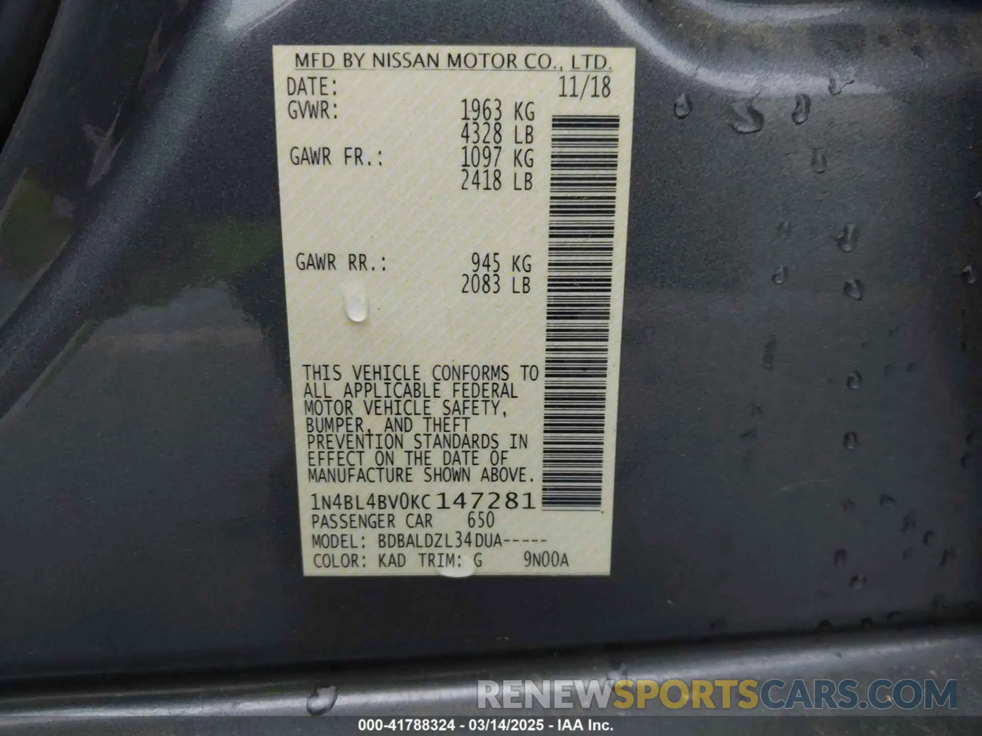 9 fotografías del automóvil dañado 1N4BL4BV0KC147281 NISSAN ALTIMA 2019