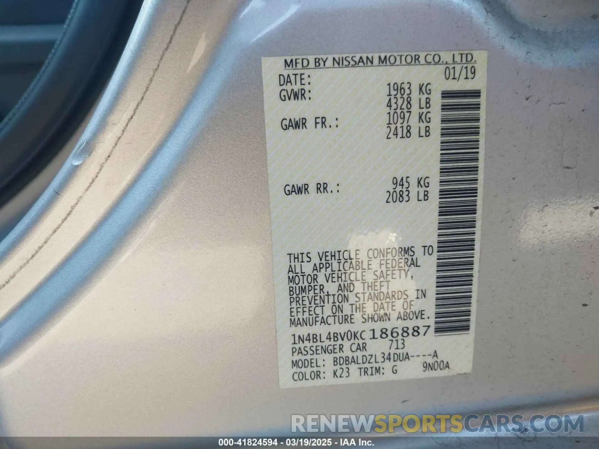 9 fotografías del automóvil dañado 1N4BL4BV0KC186887 NISSAN ALTIMA 2019