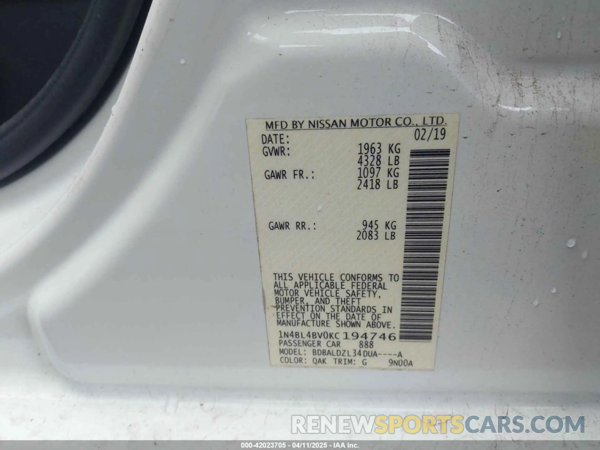 9 fotografías del automóvil dañado 1N4BL4BV0KC194746 NISSAN ALTIMA 2019