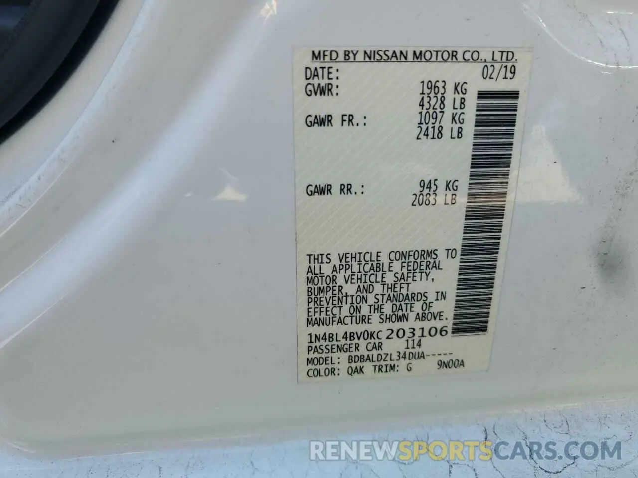 13 fotografías del automóvil dañado 1N4BL4BV0KC203106 NISSAN ALTIMA 2019