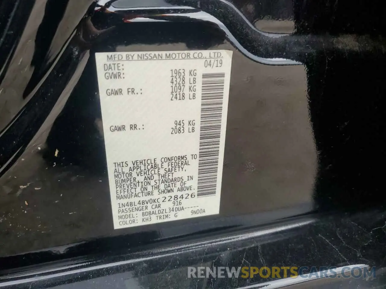 12 fotografías del automóvil dañado 1N4BL4BV0KC228426 NISSAN ALTIMA 2019