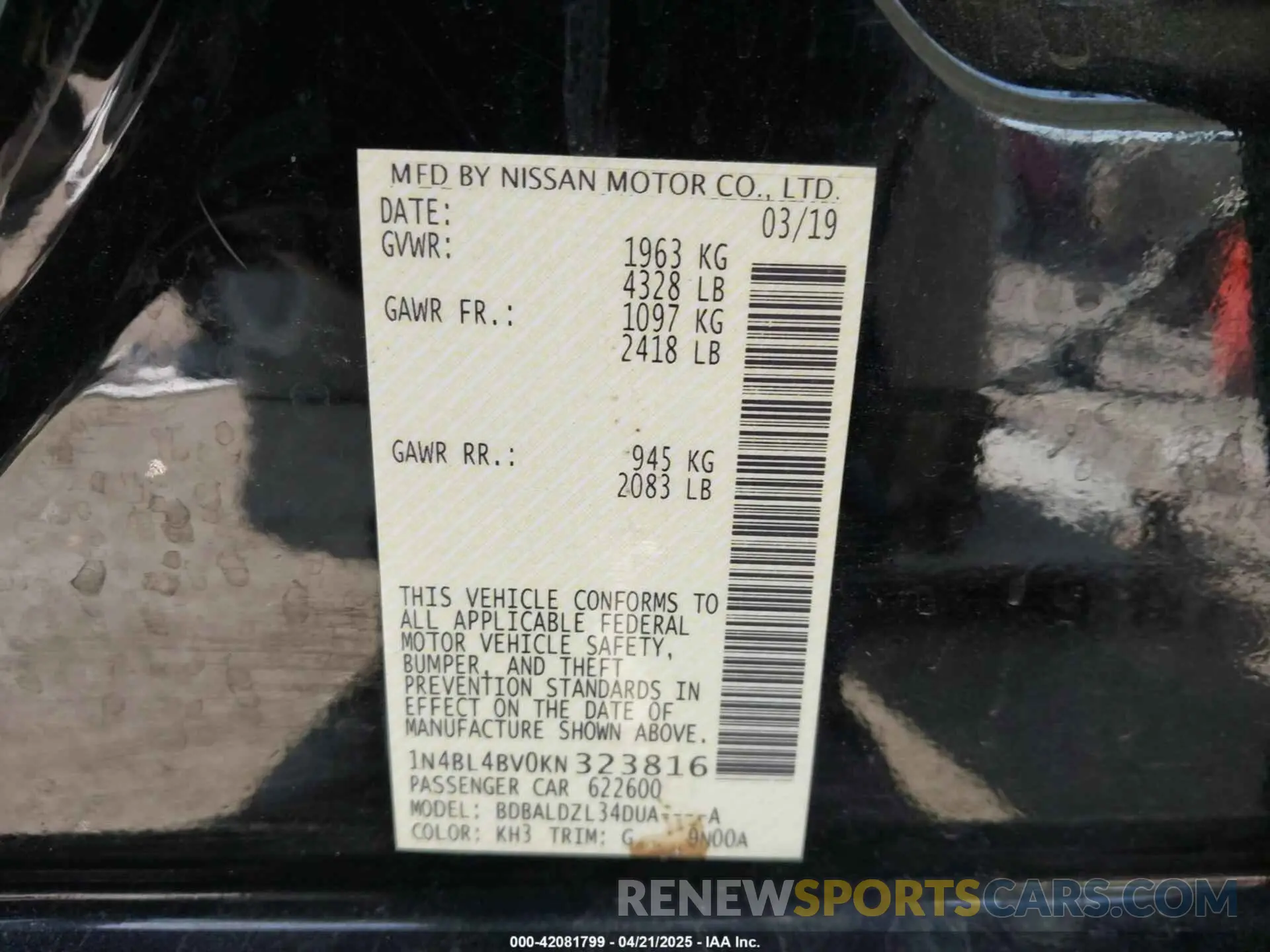 9 fotografías del automóvil dañado 1N4BL4BV0KN323816 NISSAN ALTIMA 2019