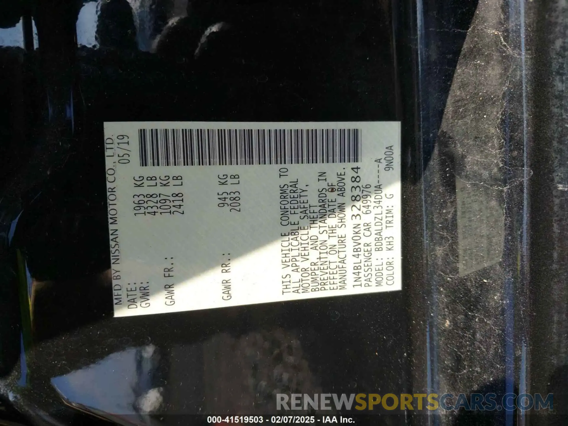 9 fotografías del automóvil dañado 1N4BL4BV0KN328384 NISSAN ALTIMA 2019
