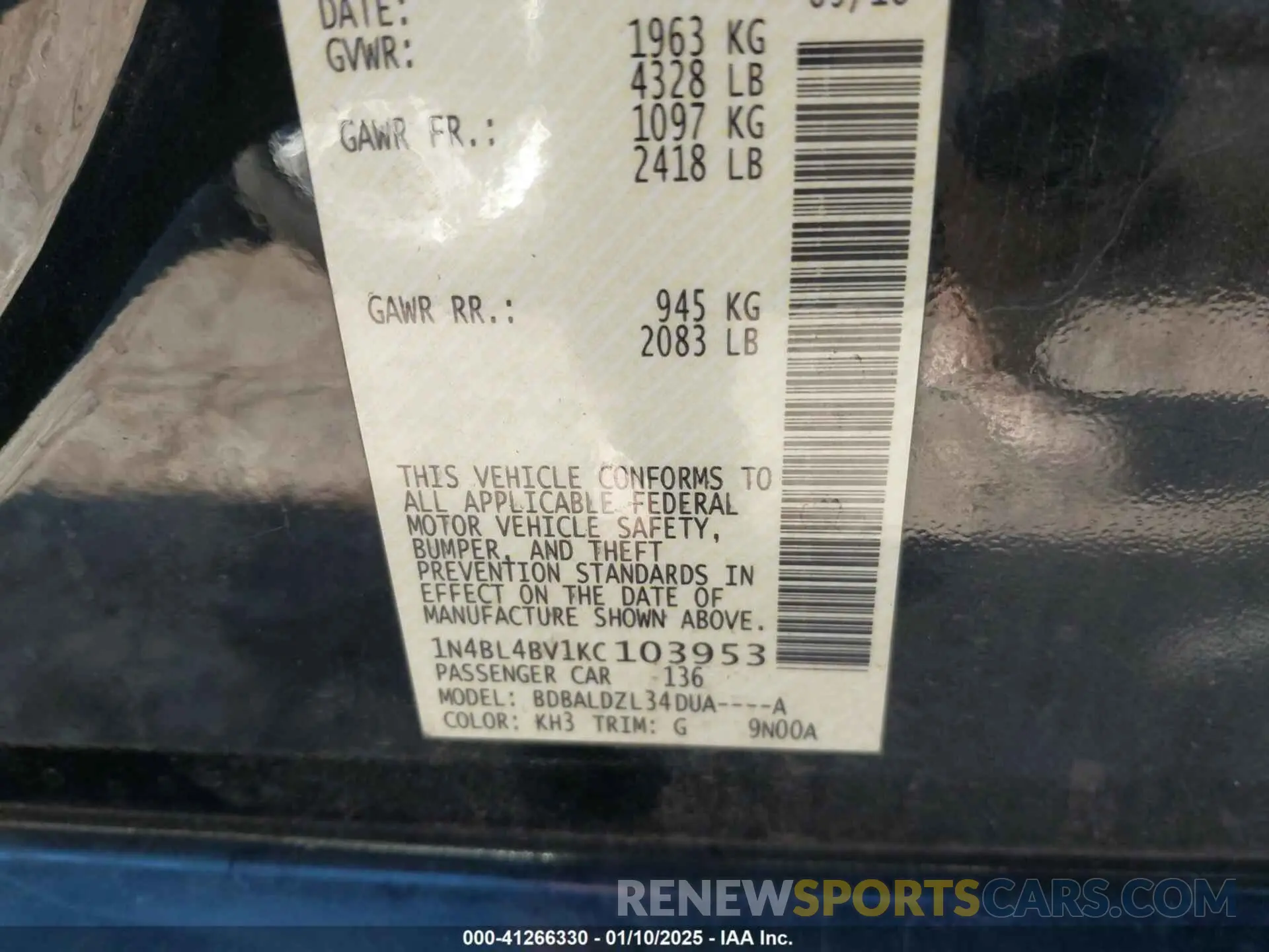 9 fotografías del automóvil dañado 1N4BL4BV1KC103953 NISSAN ALTIMA 2019