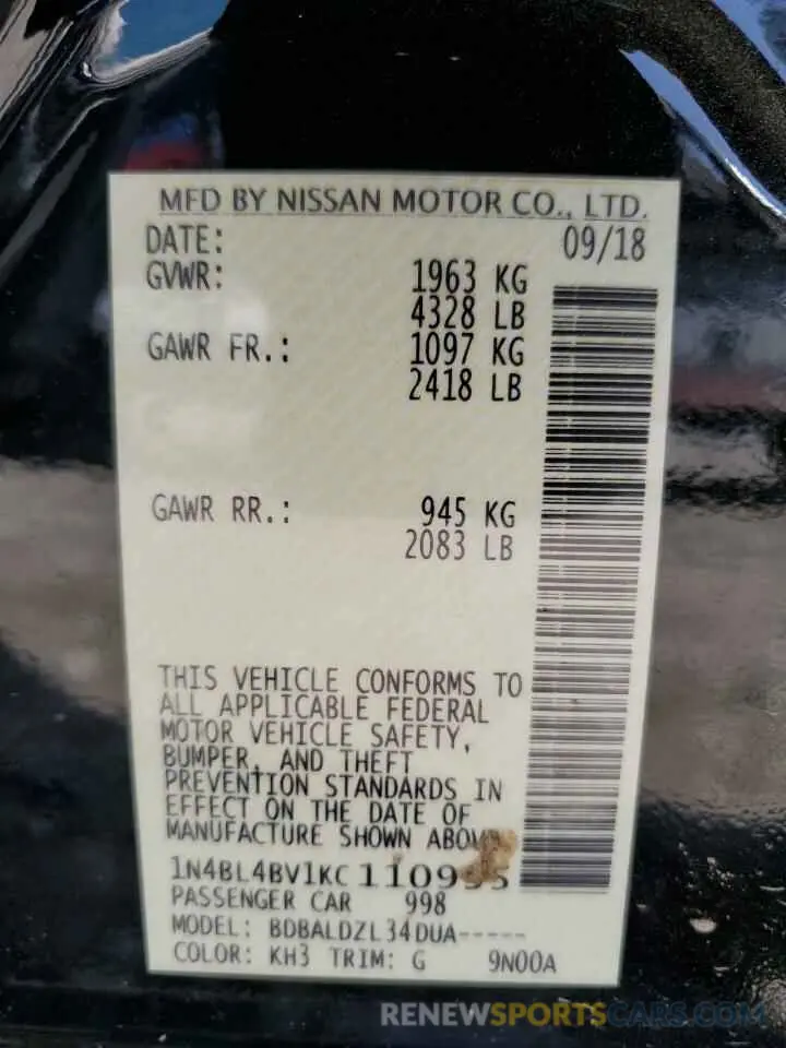 12 fotografías del automóvil dañado 1N4BL4BV1KC110935 NISSAN ALTIMA 2019